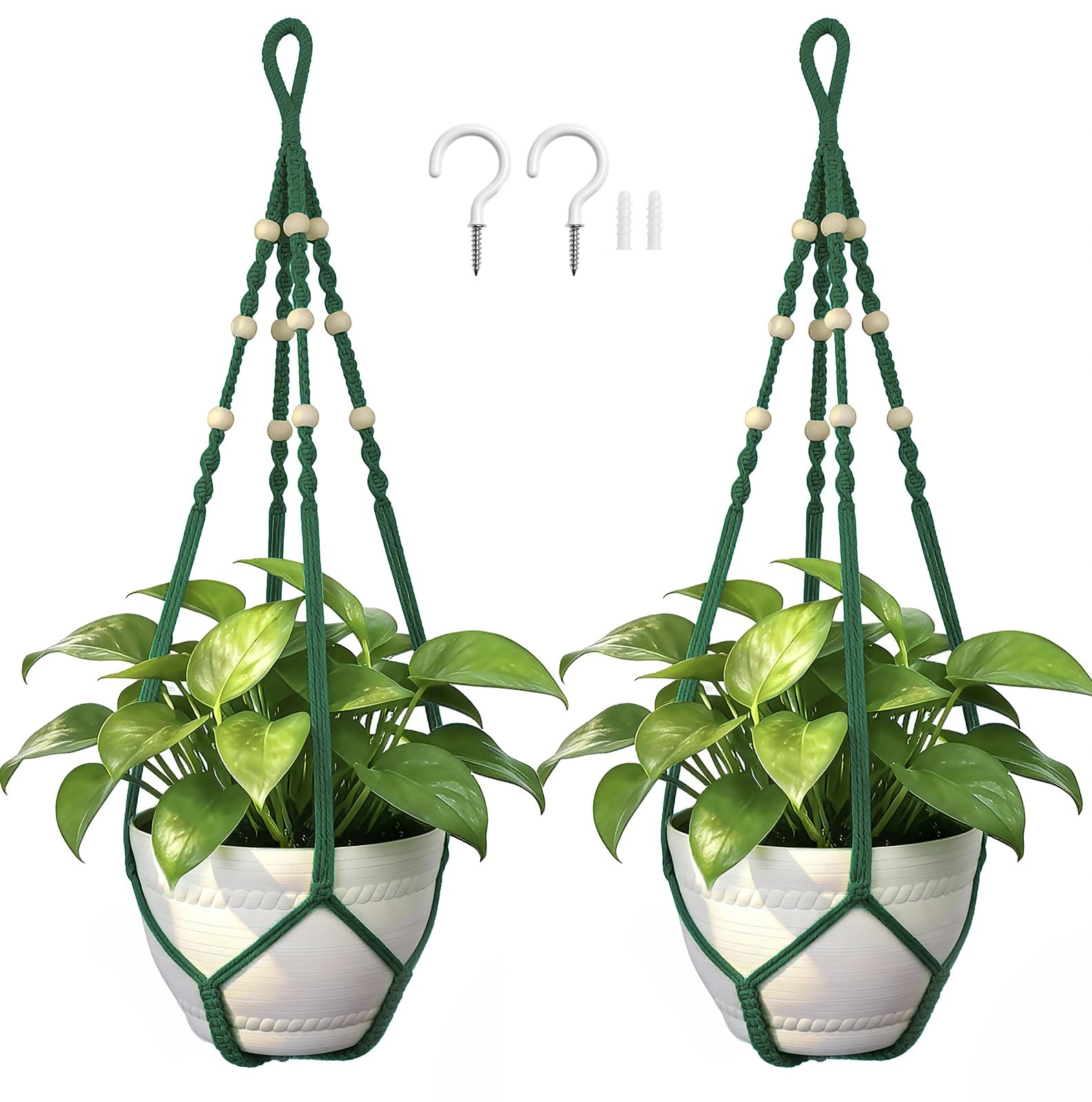 Macrame Plant Hanger, Up to 4-15 inch Pots, Wood Beads Cotton Hanging Planter Holder for Indoor Outdoor Boho Home Decor, 35 Inch, Set of 2 (Ivory)