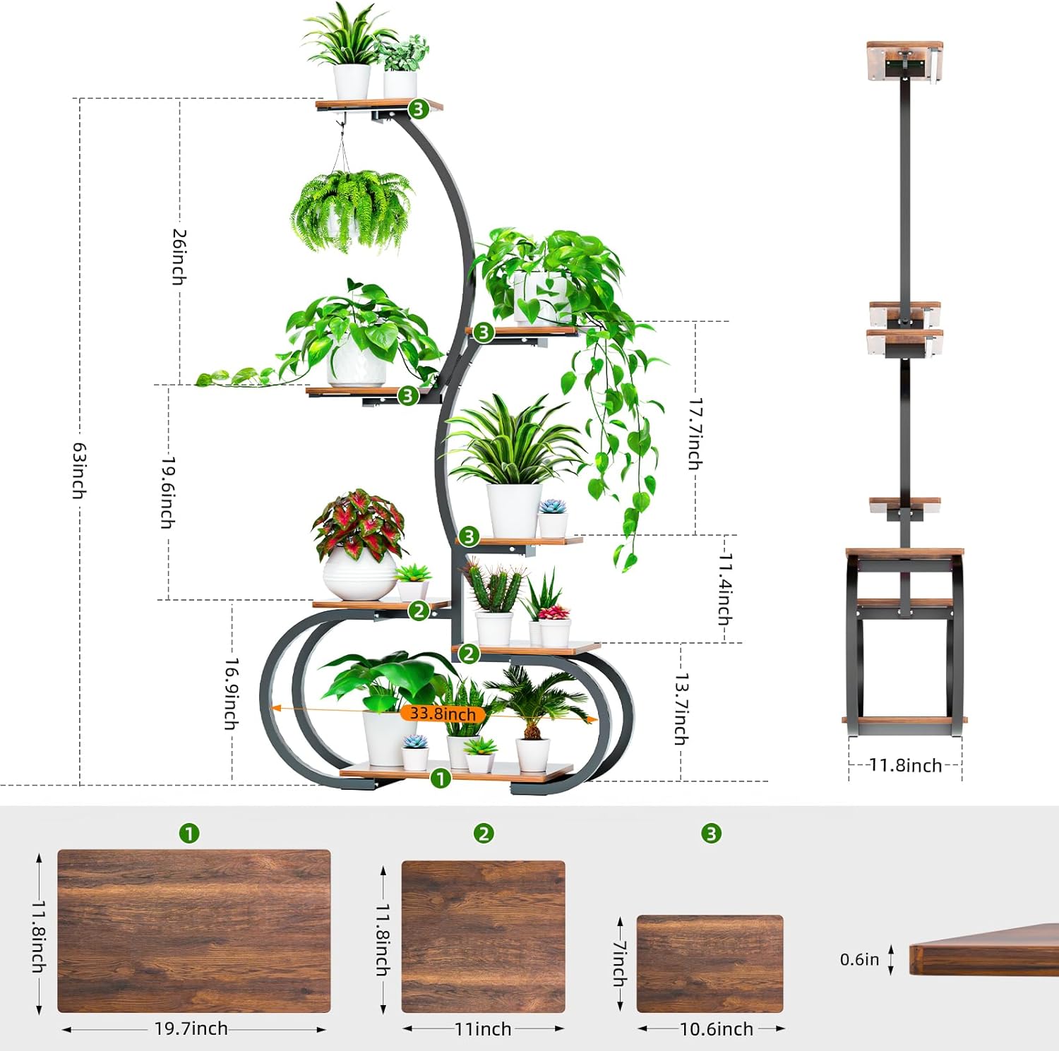 Acnusik Plant Stand Indoor with Grow Lights, 63" Tall Lighted Indoor Plant Shelf for Multiple Plants, 7-Tier Metal Plant Rack Corner Indoor Flower Stand Display for Living Room, Home, Patio, Balcony