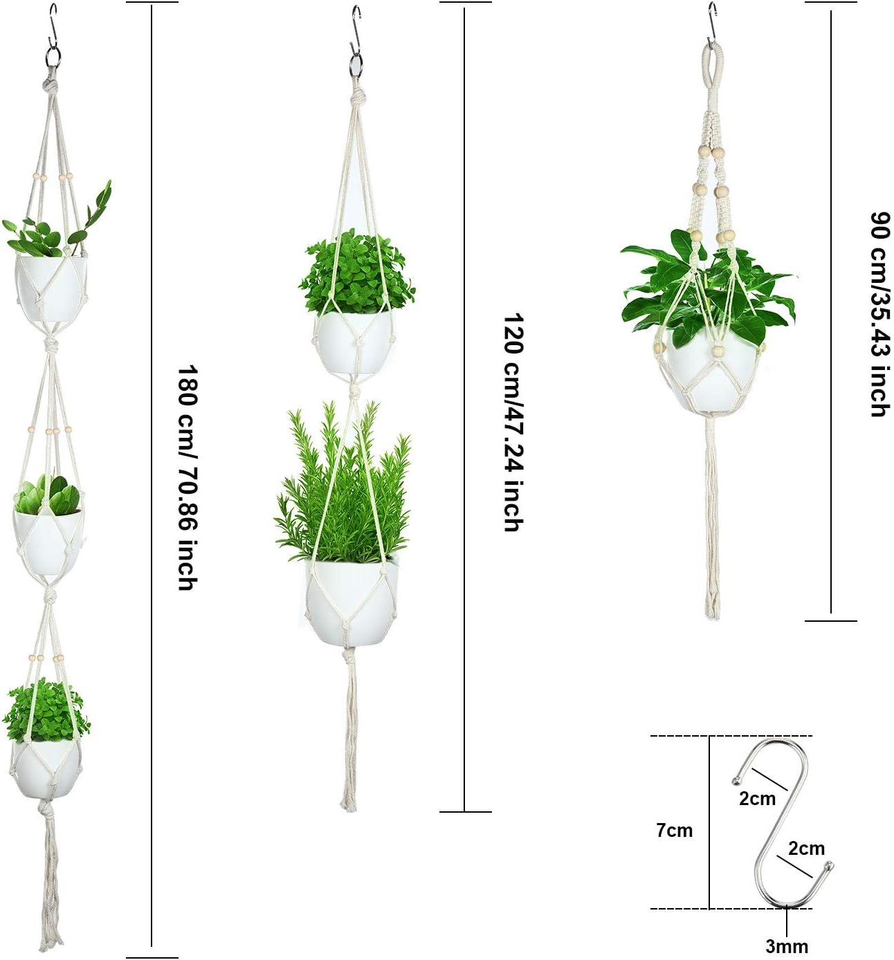 6 Pieces Macrame Plant Hangers with 6 Hooks, Different Tiers, Handmade Rope Hanging Planters Set Flower Pots Holder Stand Hanging Plant Holder for Indoor Outdoor Boho Home Decor (Creamy White)