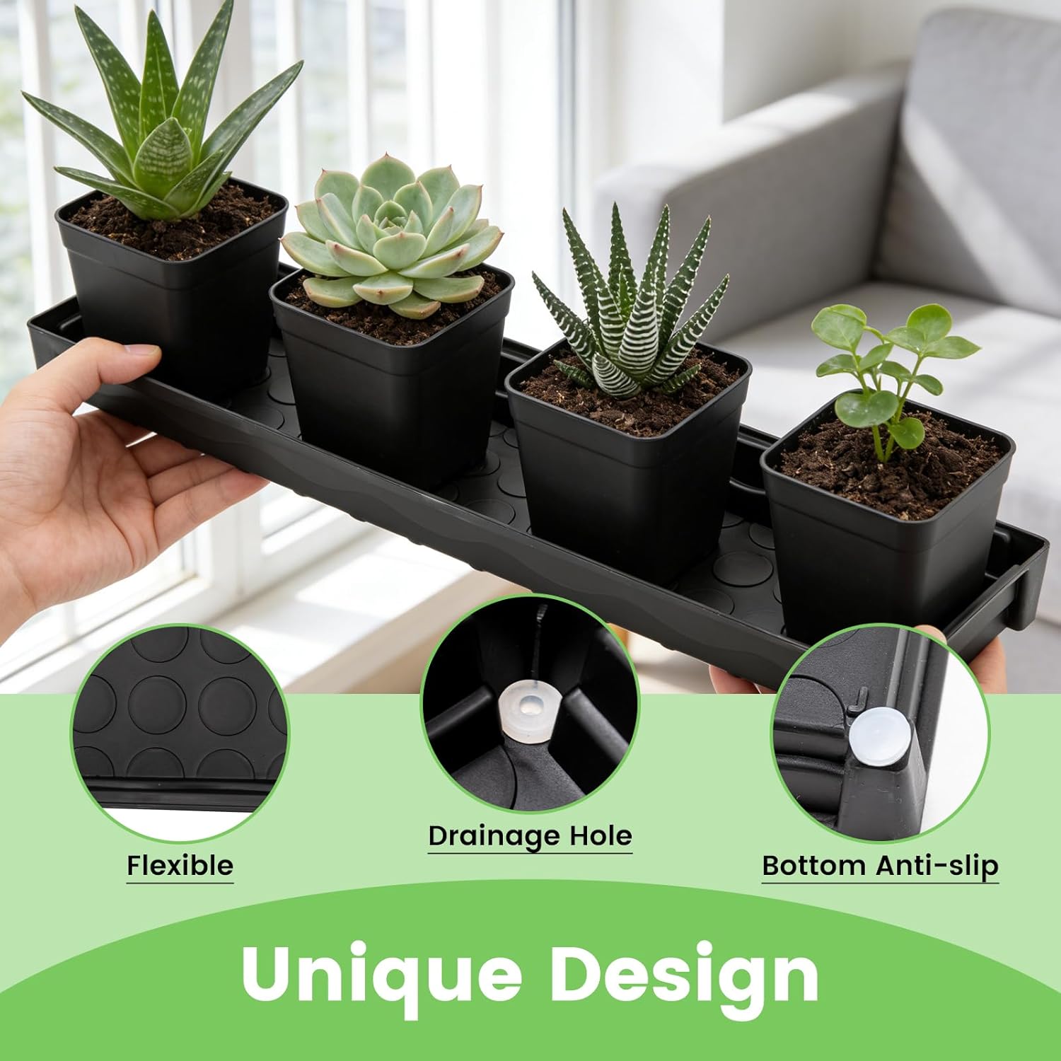 5 Pack Plant Saucer Growing Tray, Rectangular Windowsill Plant Pot Trays with Removable Drainage Hole, Seed Starter Tray Plastic Plant Drainage Saucers for 4 inch Flower Seedling Pots (16"x4.5"x1.5")