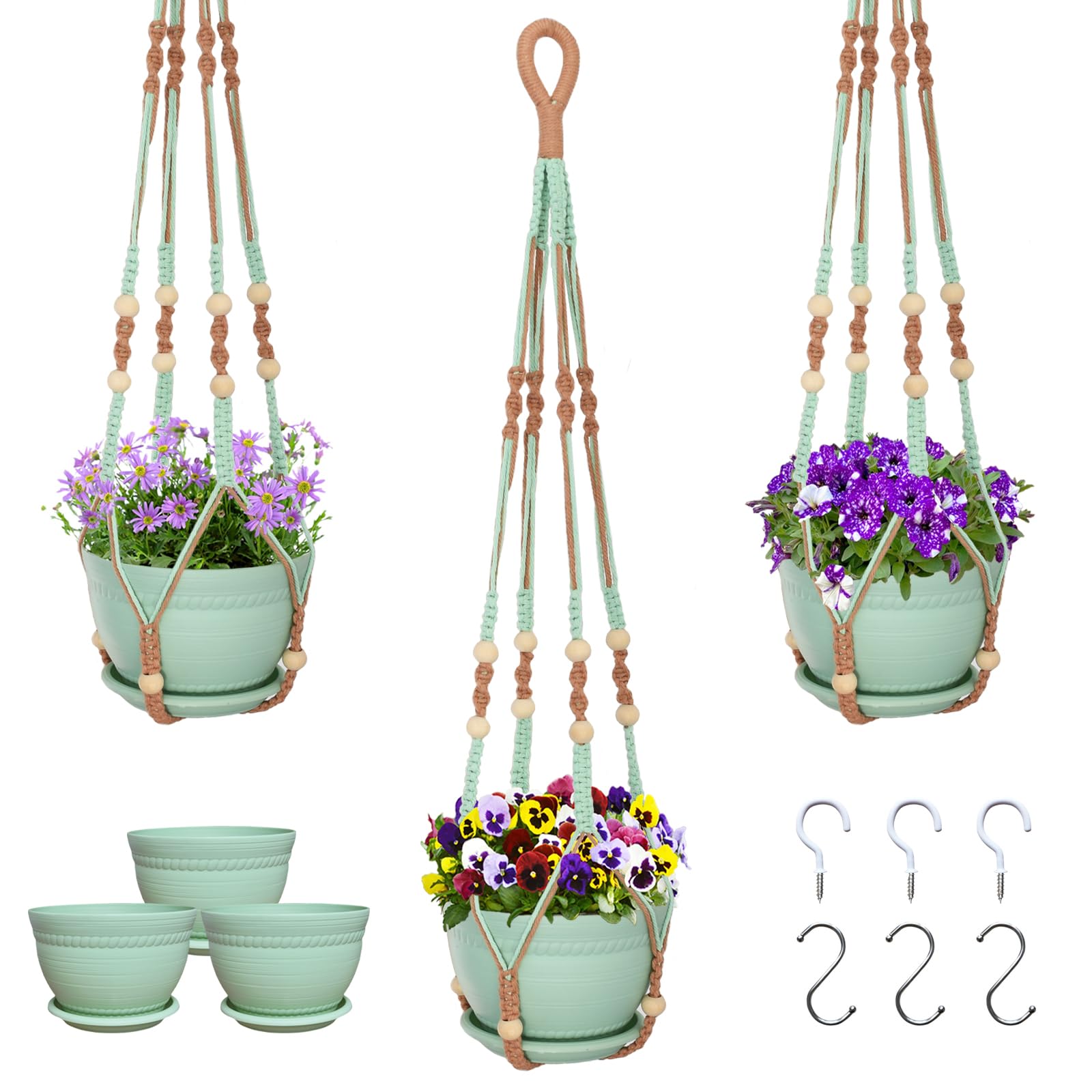 Macrame Plant Hanger with Pot, 3 Set Hanging Planters for Indoor Plants, Handmade Cotton Rope Boho Home Decor, Idea Gift for Anyone, Includes Plant Holders, Pots, Plates and Hooks (Mixed Color-1)