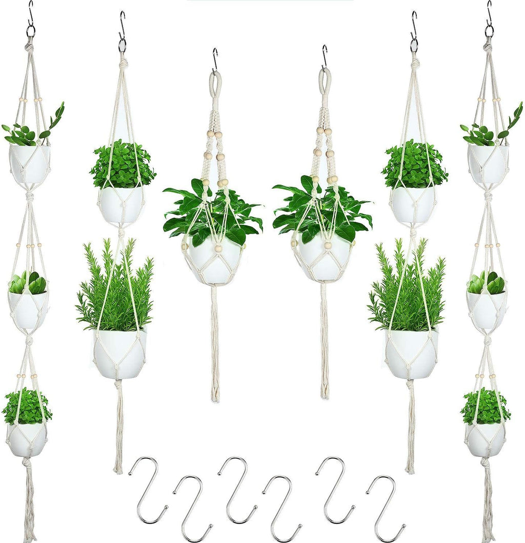 6 Pieces Macrame Plant Hangers with 6 Hooks, Different Tiers, Handmade Rope Hanging Planters Set Flower Pots Holder Stand Hanging Plant Holder for Indoor Outdoor Boho Home Decor (Creamy White)