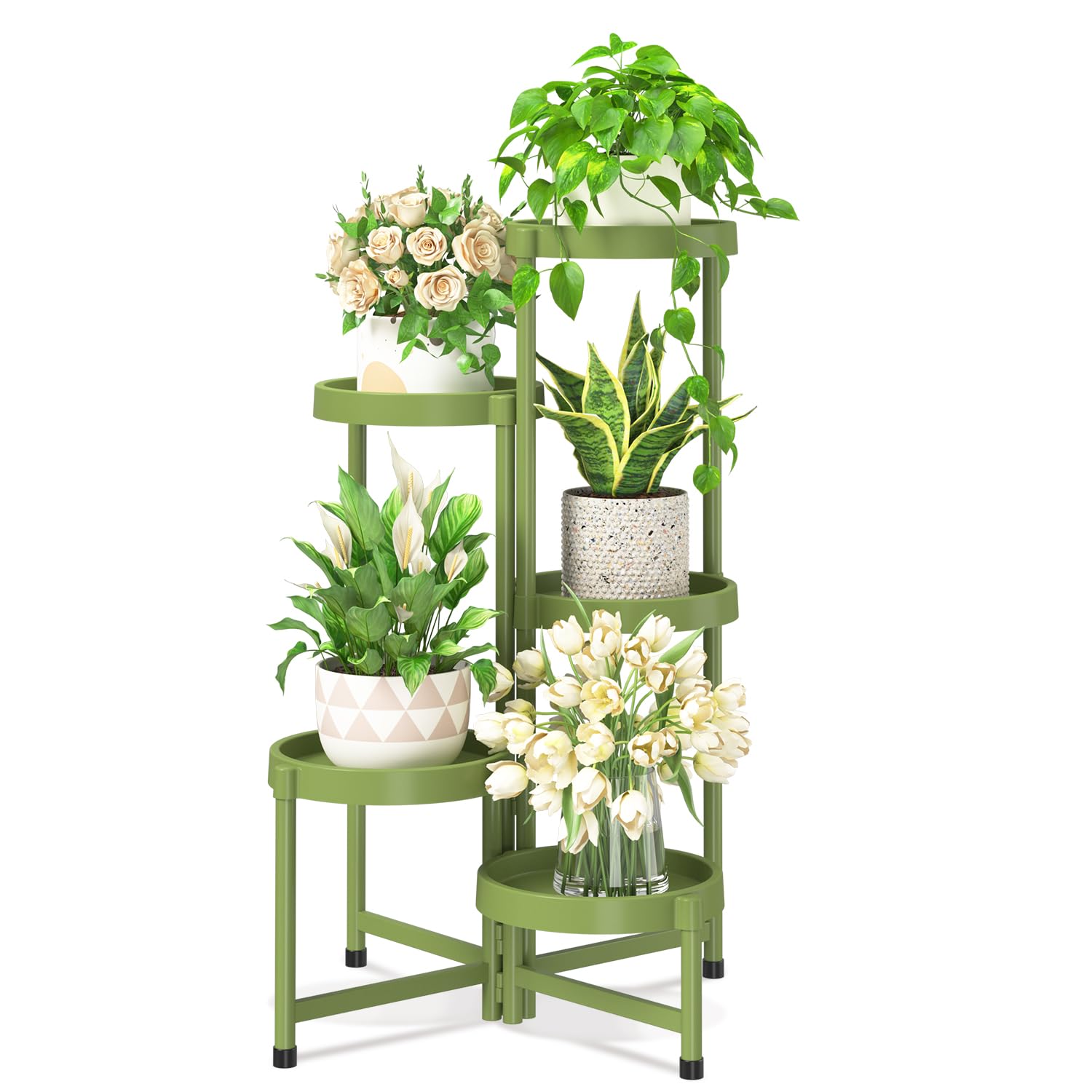 iDavosic.ly 3 Tier Folding Plant Stand Indoor Outdoor with Plastic Tray, Tiered Corner Flower Holder Shelf, Metal Orchid Display Rack for Patio Porch Living Room Garden Balcony, Modern Black