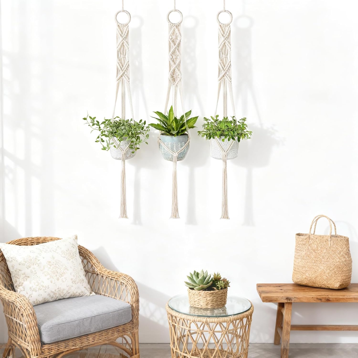 Mkono 3 Pack 39 Inch Macrame Plant Hangers Indoor Wall Hanging Planter Basket Flower Pot Holder Boho Home Decor, Ivory