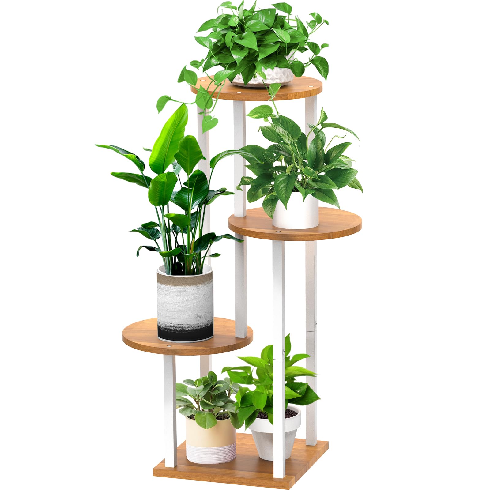 5 Tier Wood Tall Plant Stand Metal Rack Indoor, Multiple Flower Pot Holder Shelves Corner Rack, Round Planter Shelf Display Rack Storage Organizer for Patio Living Room Balcony(Black Oak)