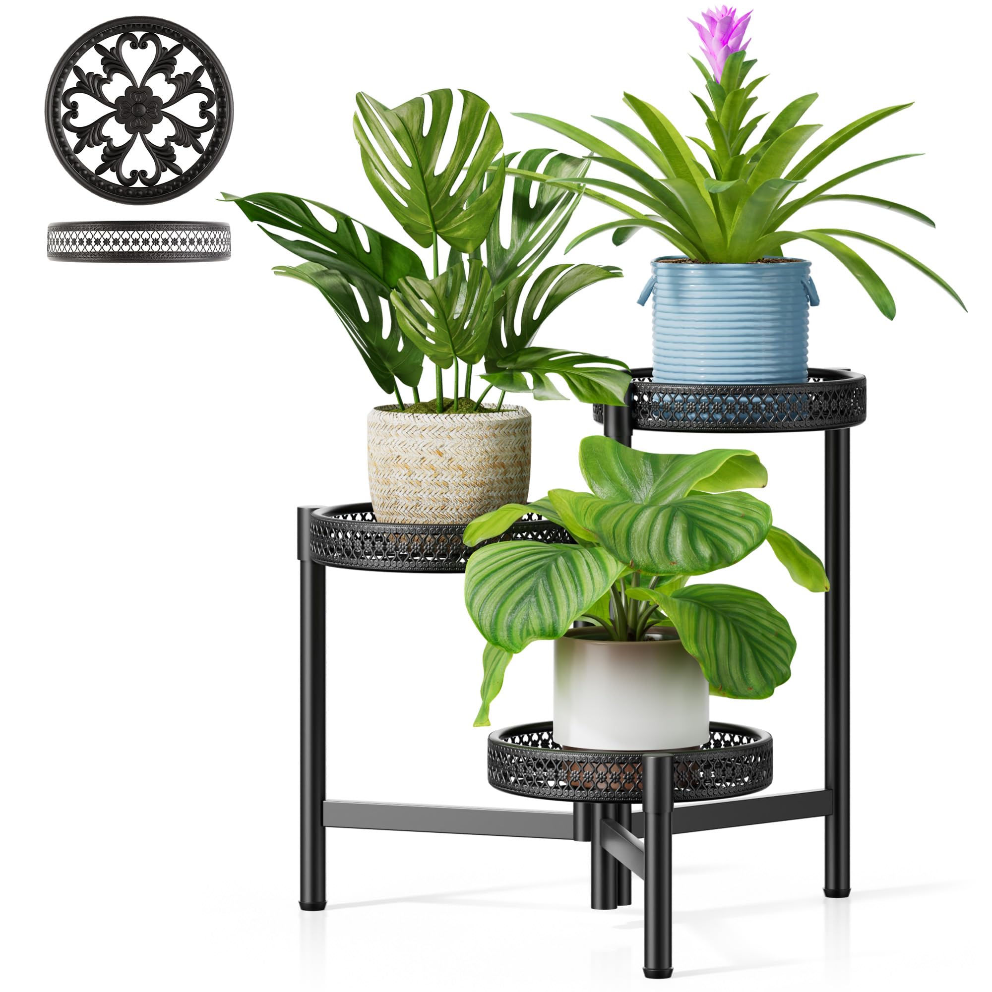 3 Tier Large Plant Stand Indoor with 7.9 Inch Wide Tray, Tiered Corner Metal Outdoor Flower Holder Stand, Folding Tall Rack for Display Shelf for Patio Porch Balcony - BlackDisk