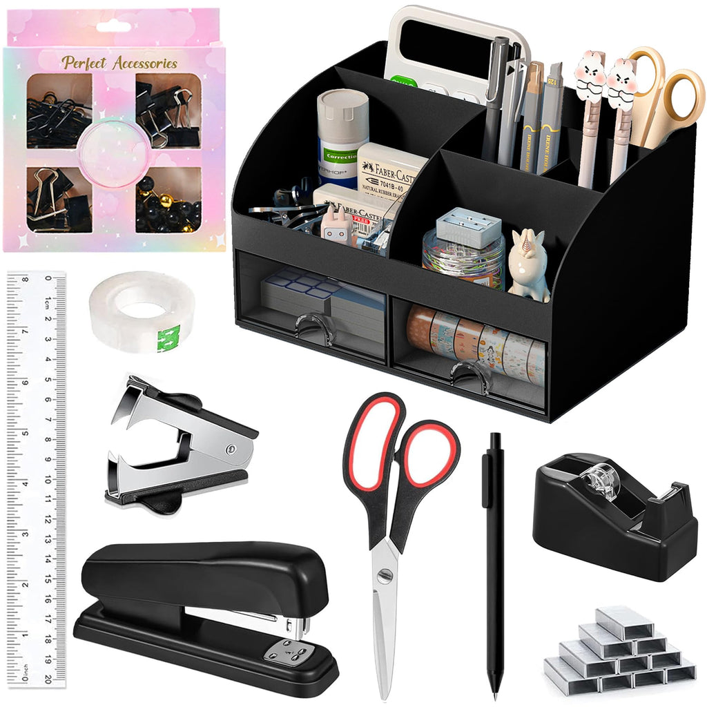 Desk Accessories with Pen Holder, Office Supplies Desk Organizers and Accessories, Tape Dispenser, Stapler, Staple Remover, Staples, Clips Set, Ruler, Scissor, Pen, Tape (White)