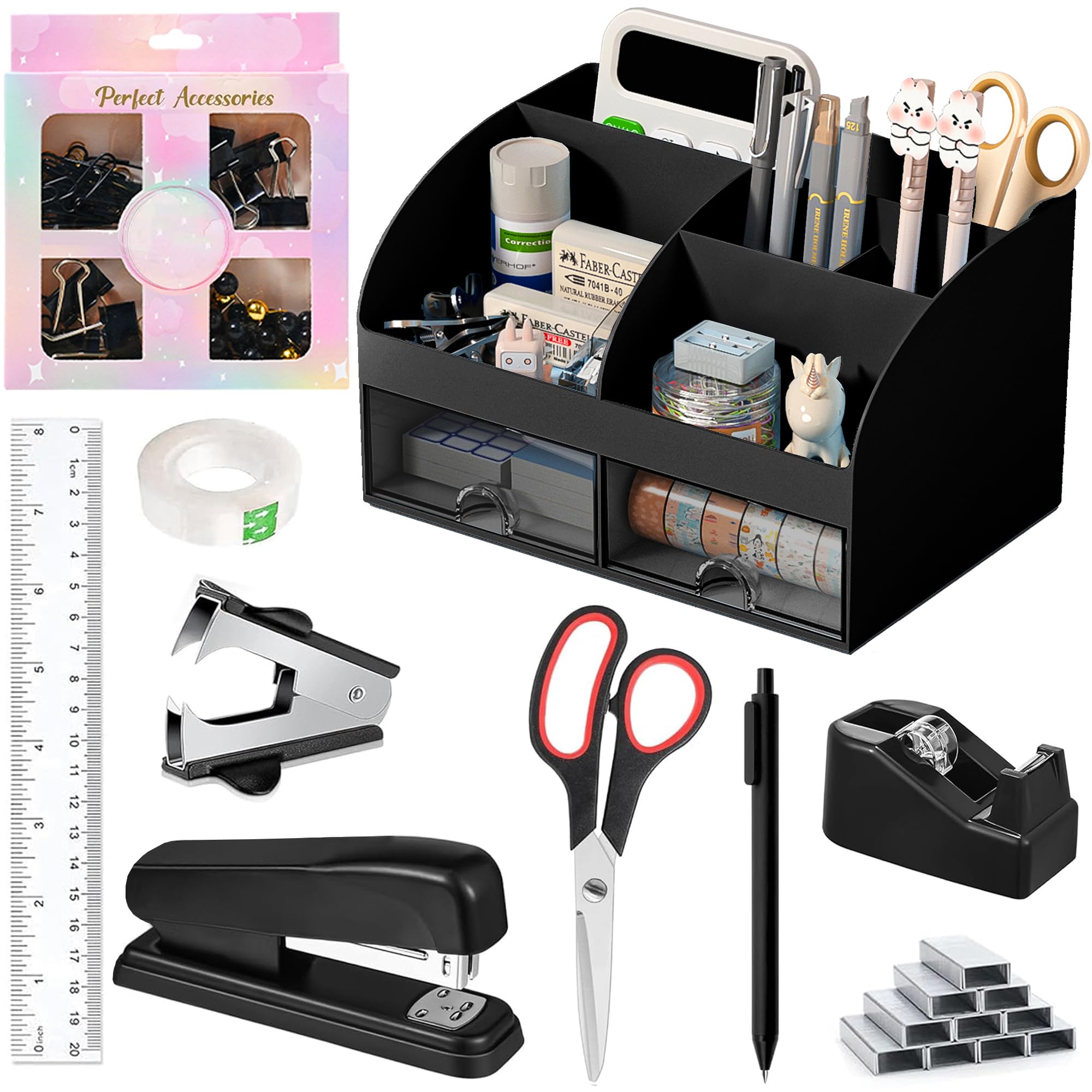 Desk Accessories with Pen Holder, Office Supplies Desk Organizers and Accessories, Tape Dispenser, Stapler, Staple Remover, Staples, Clips Set, Ruler, Scissor, Pen, Tape (White)