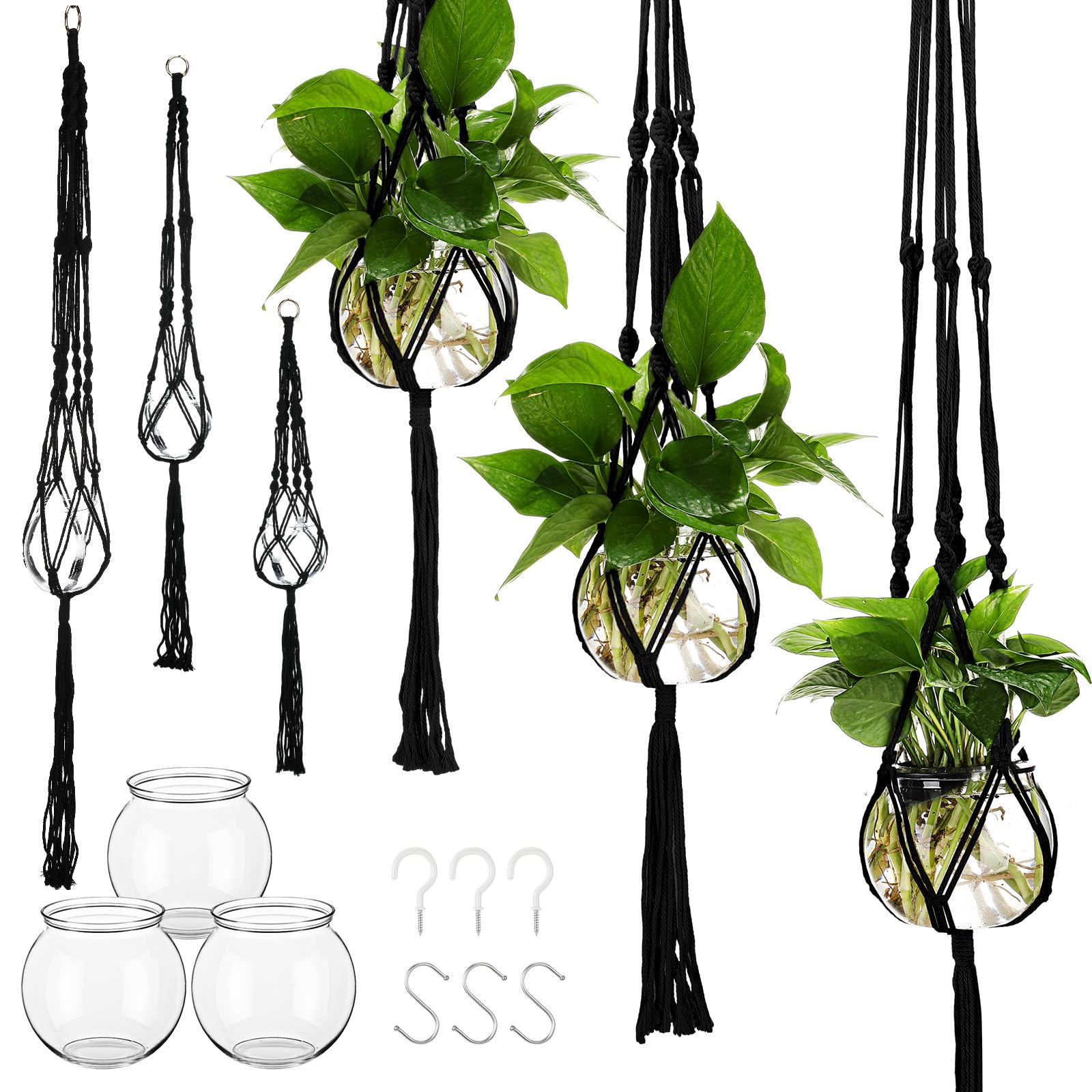 Colingmill 6 Pcs Boho Macrame Plant Hanger with Small Plastic Pot Hanging Plant Holder Wall Planter Propagation Station Include Hooks Kit for Indoor Home Garden Office Decor 3 Size (White)
