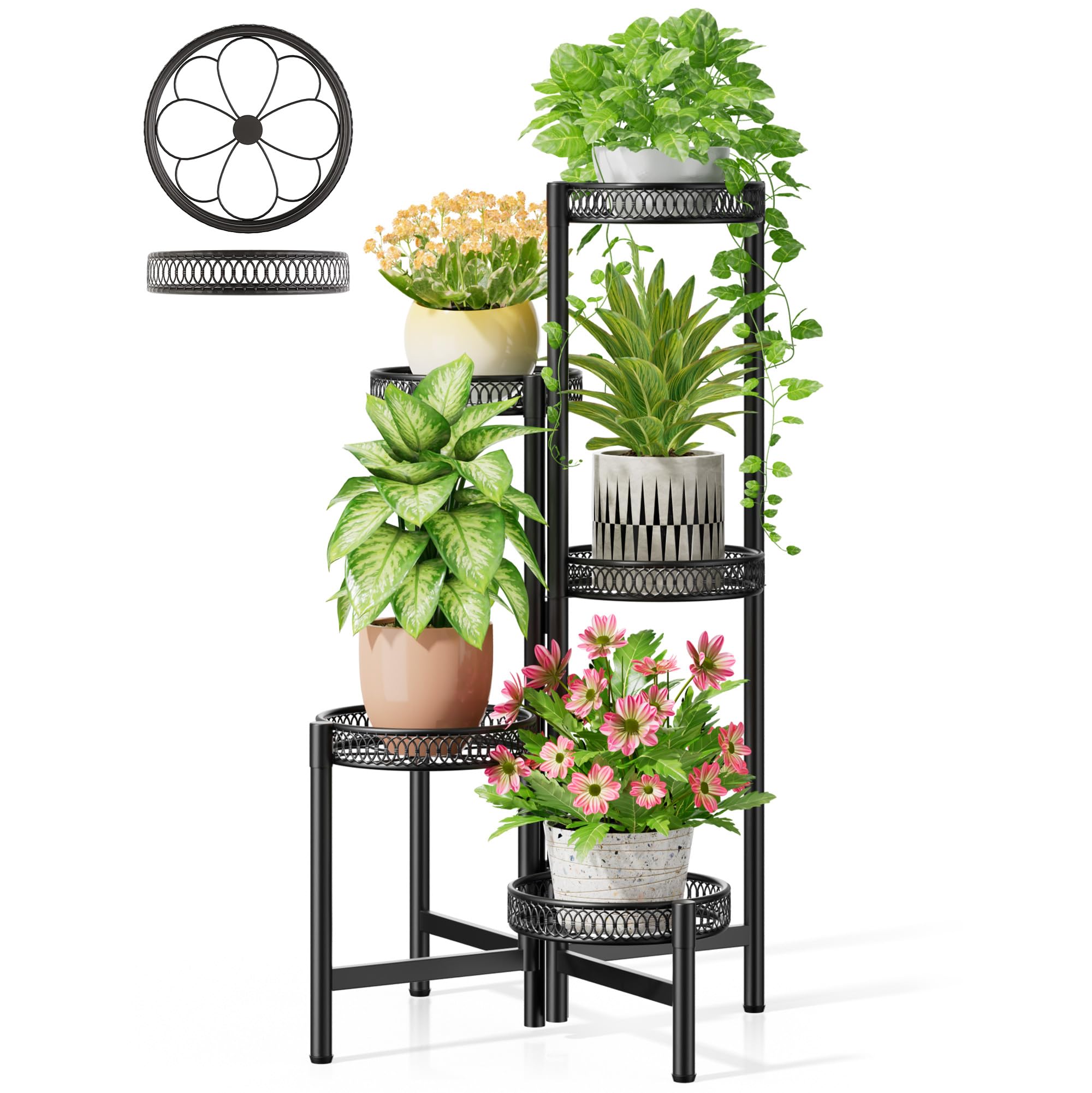 3 Tier Large Plant Stand Indoor with 7.9 Inch Wide Tray, Tiered Corner Metal Outdoor Flower Holder Stand, Folding Tall Rack for Display Shelf for Patio Porch Balcony - BlackDisk
