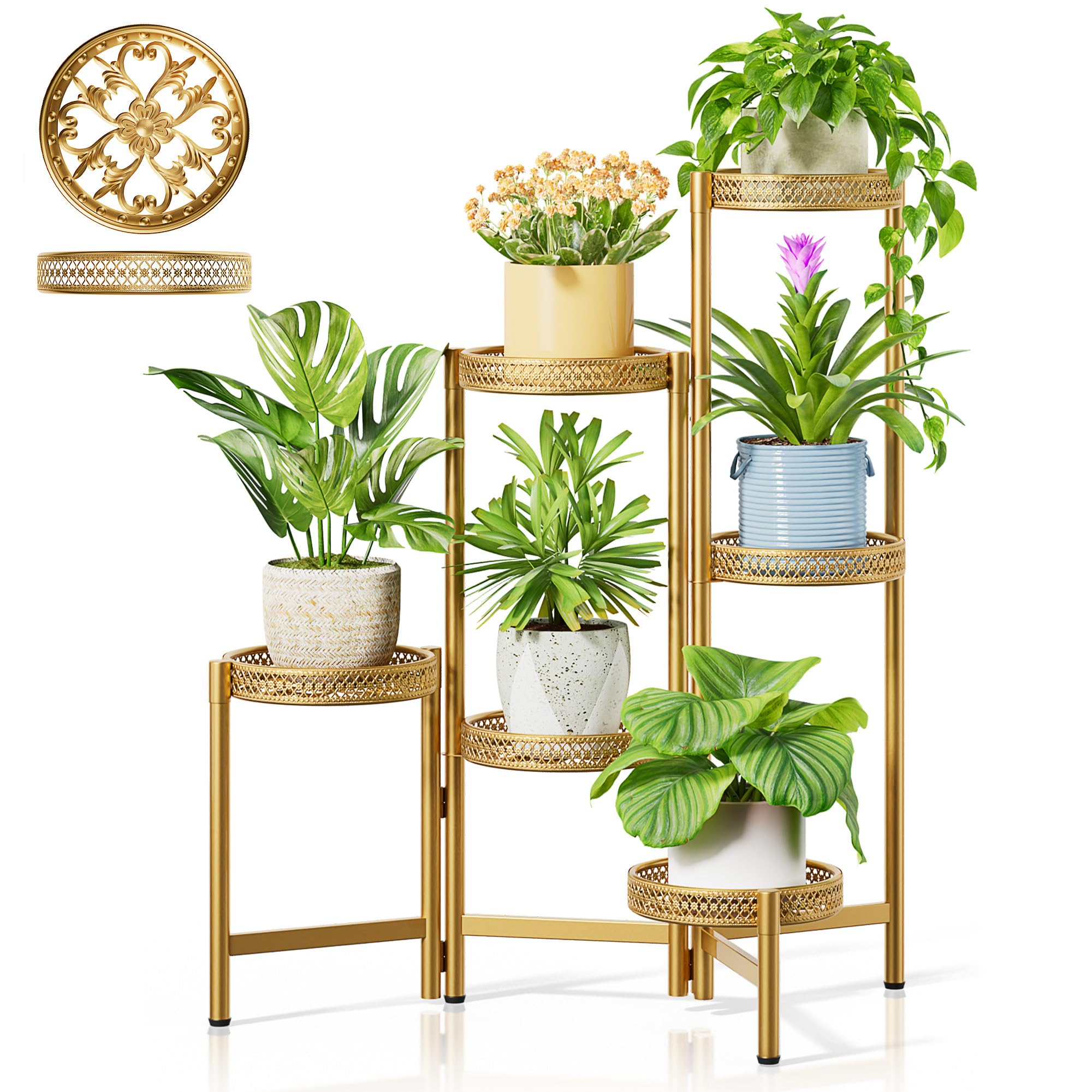 3 Tier Large Plant Stand Indoor with 7.9 Inch Wide Tray, Tiered Corner Metal Outdoor Flower Holder Stand, Folding Tall Rack for Display Shelf for Patio Porch Balcony - BlackDisk