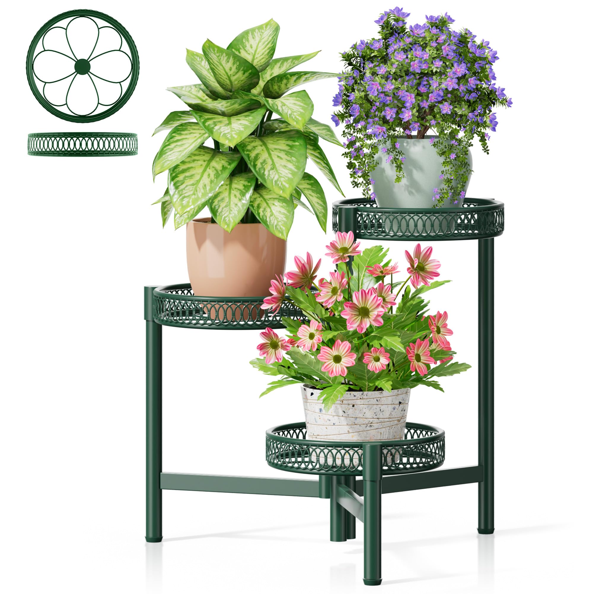3 Tier Large Plant Stand Indoor with 7.9 Inch Wide Tray, Tiered Corner Metal Outdoor Flower Holder Stand, Folding Tall Rack for Display Shelf for Patio Porch Balcony - BlackDisk