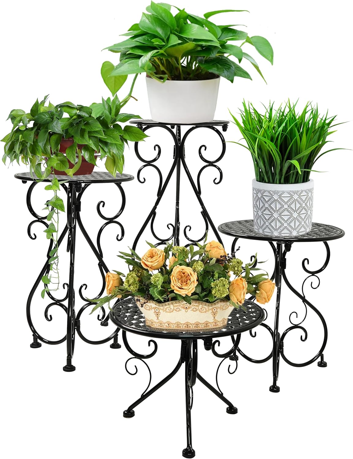 NAKUPE 4-Pack Metal Plant Stand for Indoor Outdoor, Heavy Duty Flower Pot Stands for Multiple Plants, Rustproof Iron Planter Holder Display Shelf for Patio Home Garden Porch Balcony(Black)