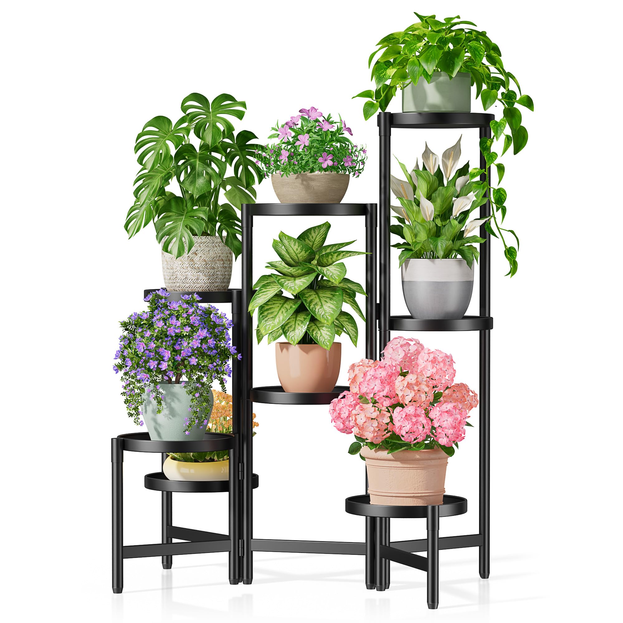 3 Tier Large Plant Stand Indoor with 7.9 Inch Wide Tray, Tiered Corner Metal Outdoor Flower Holder Stand, Folding Tall Rack for Display Shelf for Patio Porch Balcony - BlackDisk
