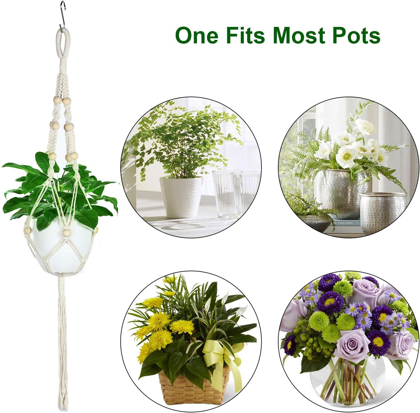 6 Pieces Macrame Plant Hangers with 6 Hooks, Different Tiers, Handmade Rope Hanging Planters Set Flower Pots Holder Stand Hanging Plant Holder for Indoor Outdoor Boho Home Decor (Creamy White)