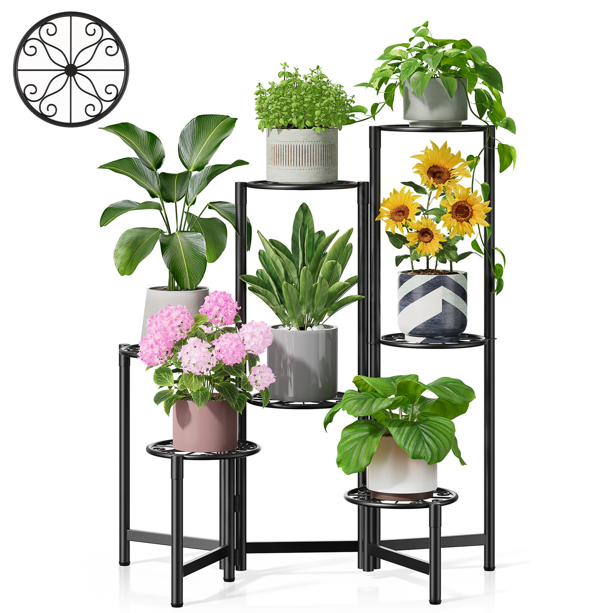 3 Tier Large Plant Stand Indoor with 7.9 Inch Wide Tray, Tiered Corner Metal Outdoor Flower Holder Stand, Folding Tall Rack for Display Shelf for Patio Porch Balcony - BlackDisk