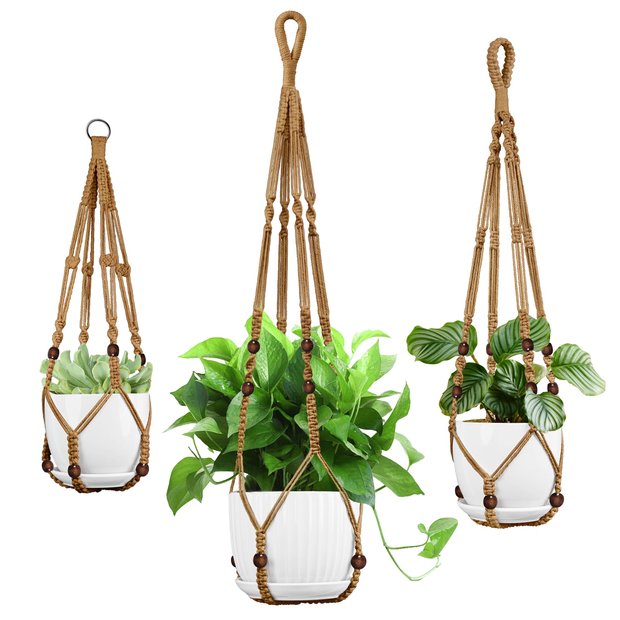 Macrame Plant Hanger - Fits 4 to 13 inches Pots for Indoor Outdoor, 35"/29"/23" Different Sizes Set, Ivory (POTS NOT Included)