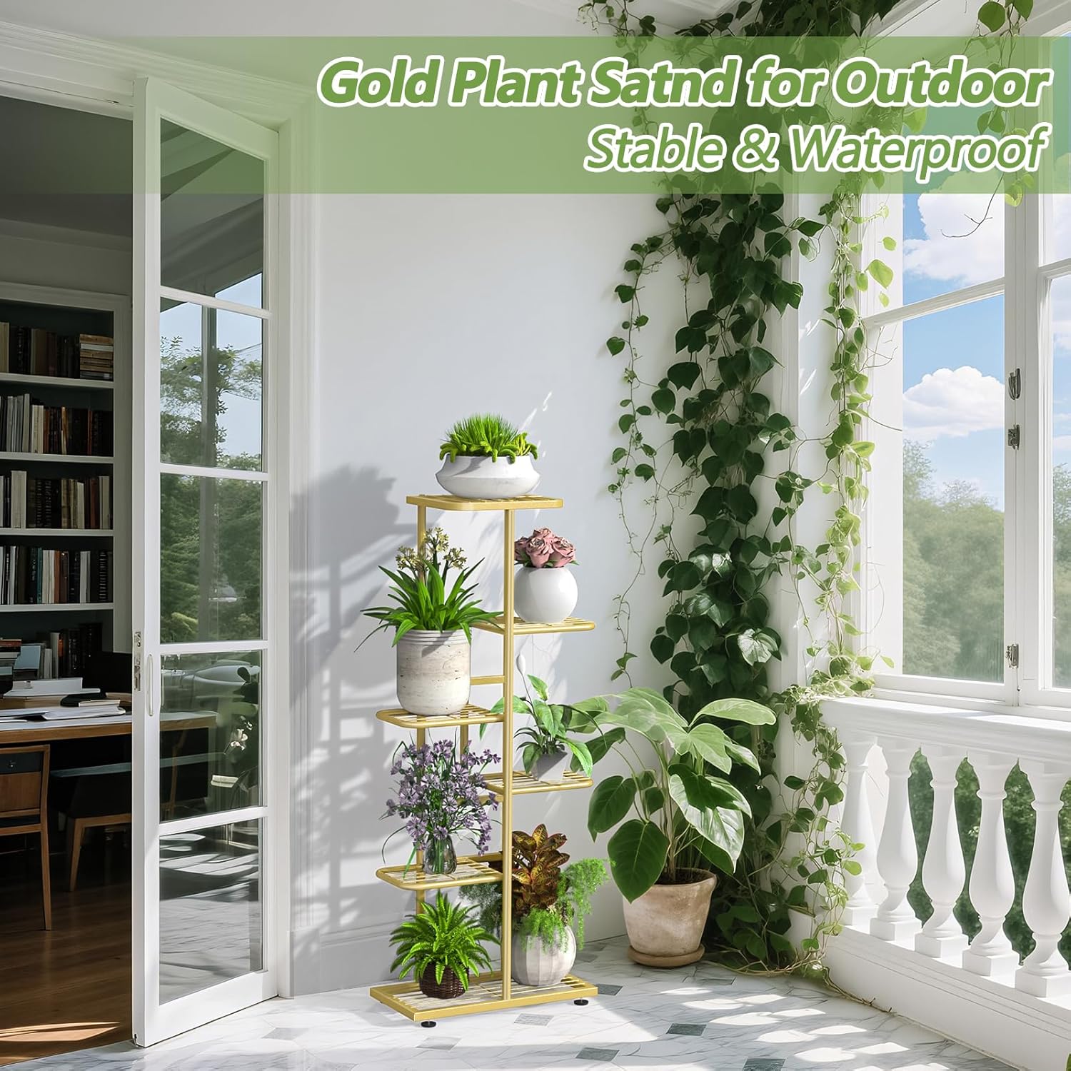 6 Tier Gold Plant Stands Indoor Outdoor, Upgraded Corner Metal Plant Rack Shelf for Multiple Plants, with Gardening Tools and Gloves, Tall Flower Pot Holder Display for Patio, Balcony