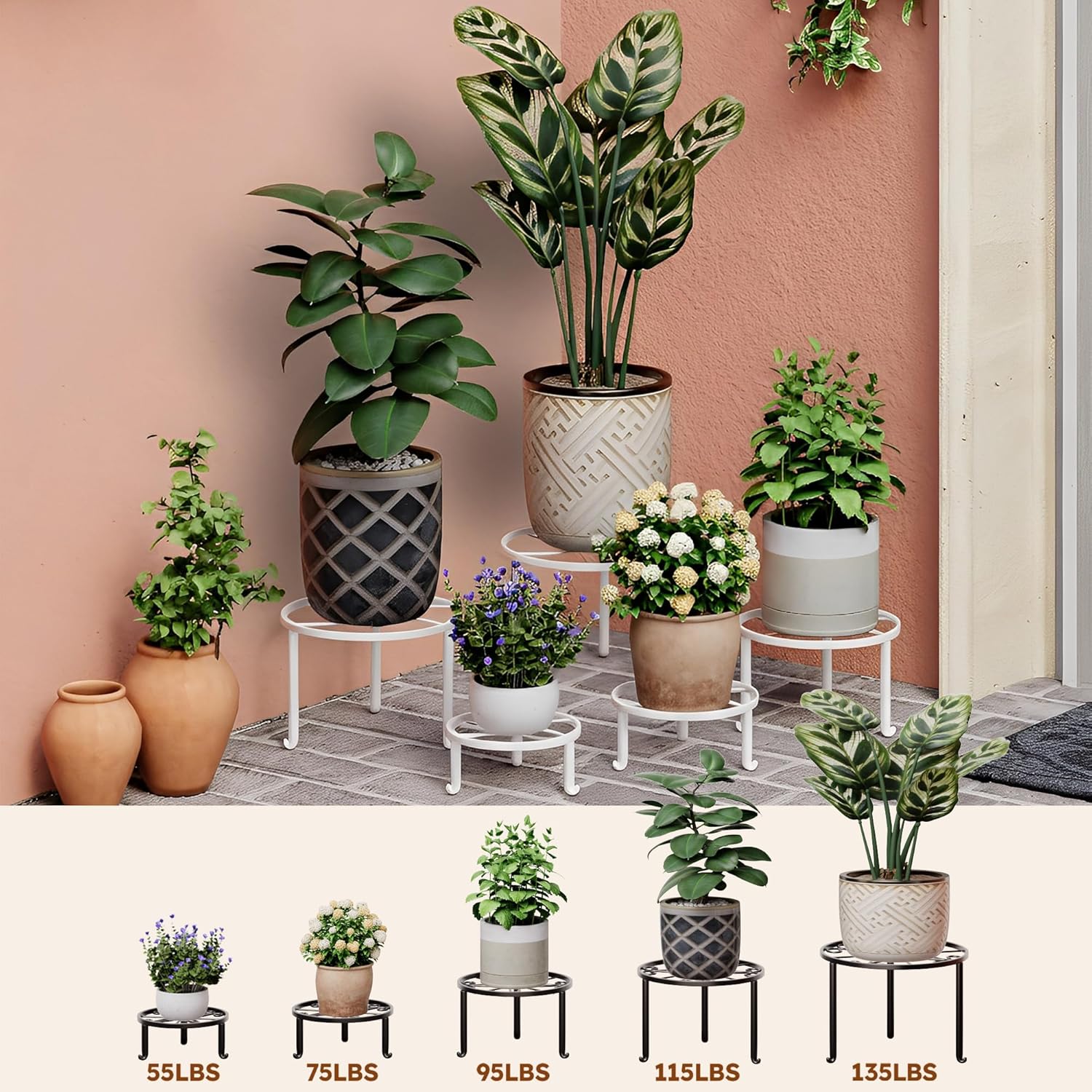 5 Pack Metal Plant Stand Indoor Outdoor Low Corner Plant Stand Heavy Duty Rustproof Iron Round Supports Rack for Planter Flower Pot Rack Display Shelf