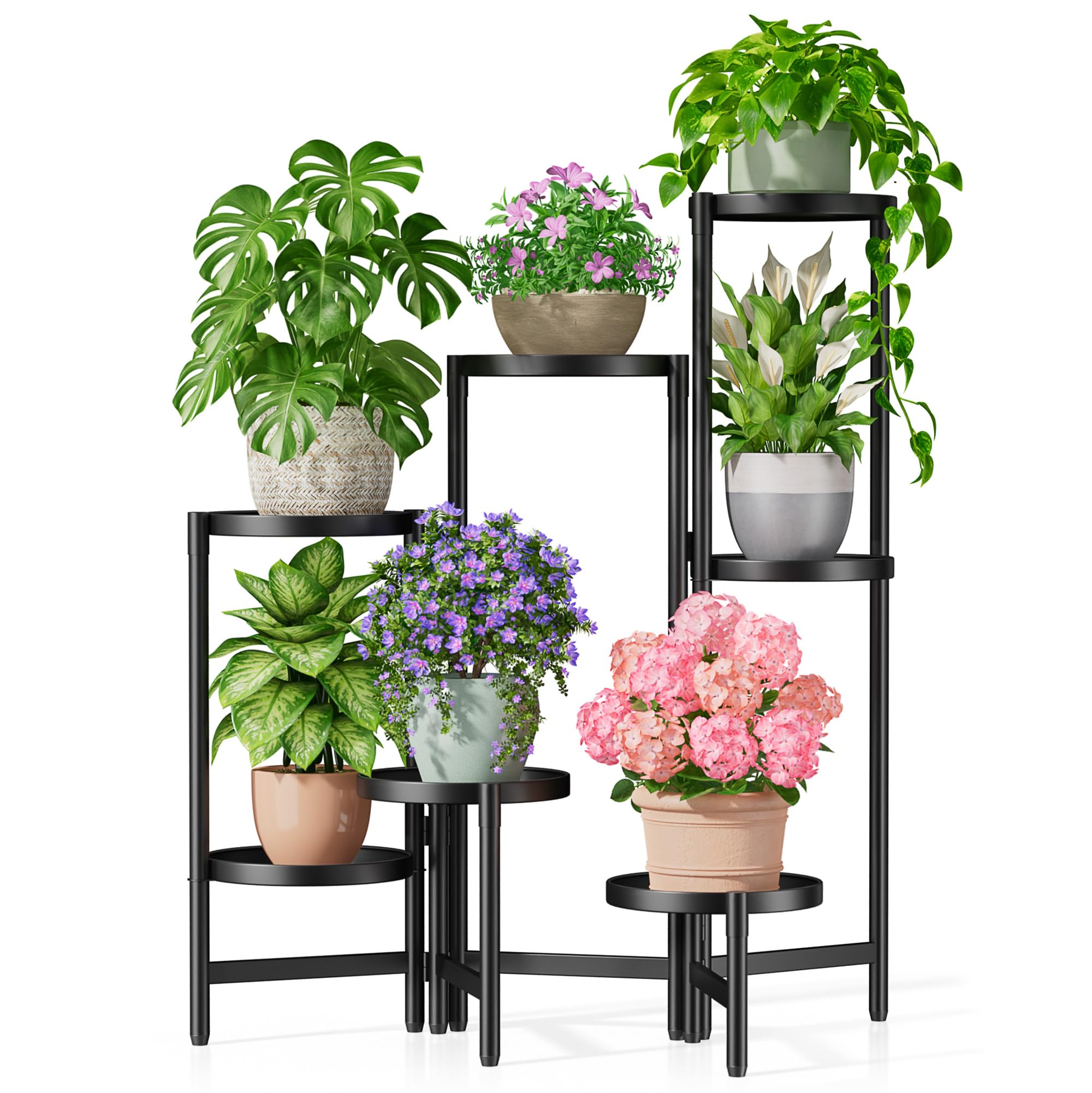 3 Tier Large Plant Stand Indoor with 7.9 Inch Wide Tray, Tiered Corner Metal Outdoor Flower Holder Stand, Folding Tall Rack for Display Shelf for Patio Porch Balcony - BlackDisk