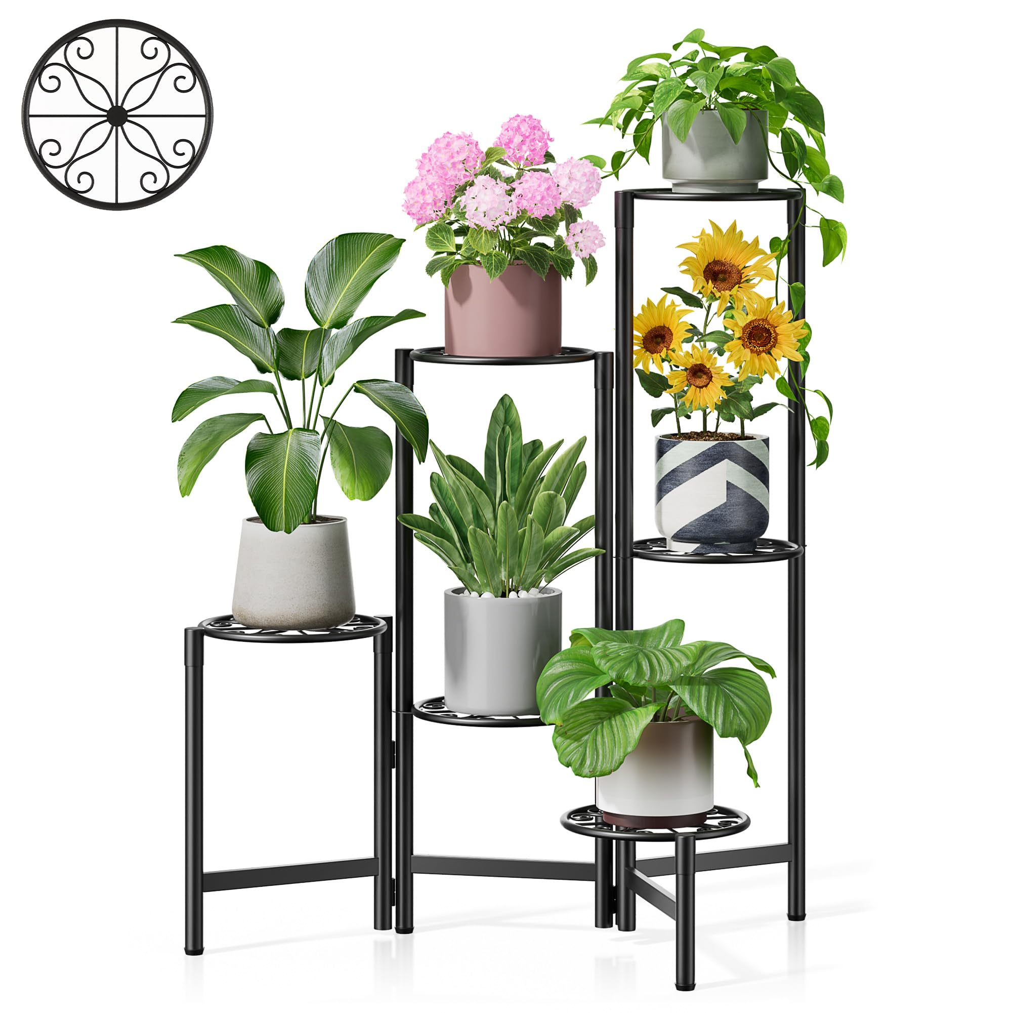 3 Tier Large Plant Stand Indoor with 7.9 Inch Wide Tray, Tiered Corner Metal Outdoor Flower Holder Stand, Folding Tall Rack for Display Shelf for Patio Porch Balcony - BlackDisk