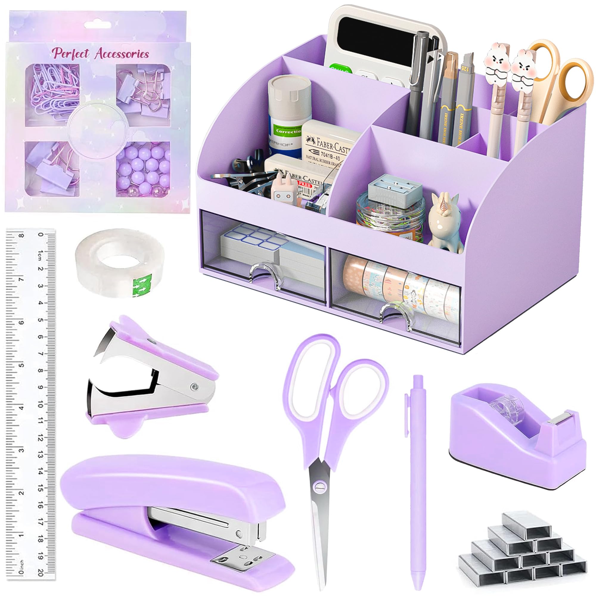 Desk Accessories with Pen Holder, Office Supplies Desk Organizers and Accessories, Tape Dispenser, Stapler, Staple Remover, Staples, Clips Set, Ruler, Scissor, Pen, Tape (White)