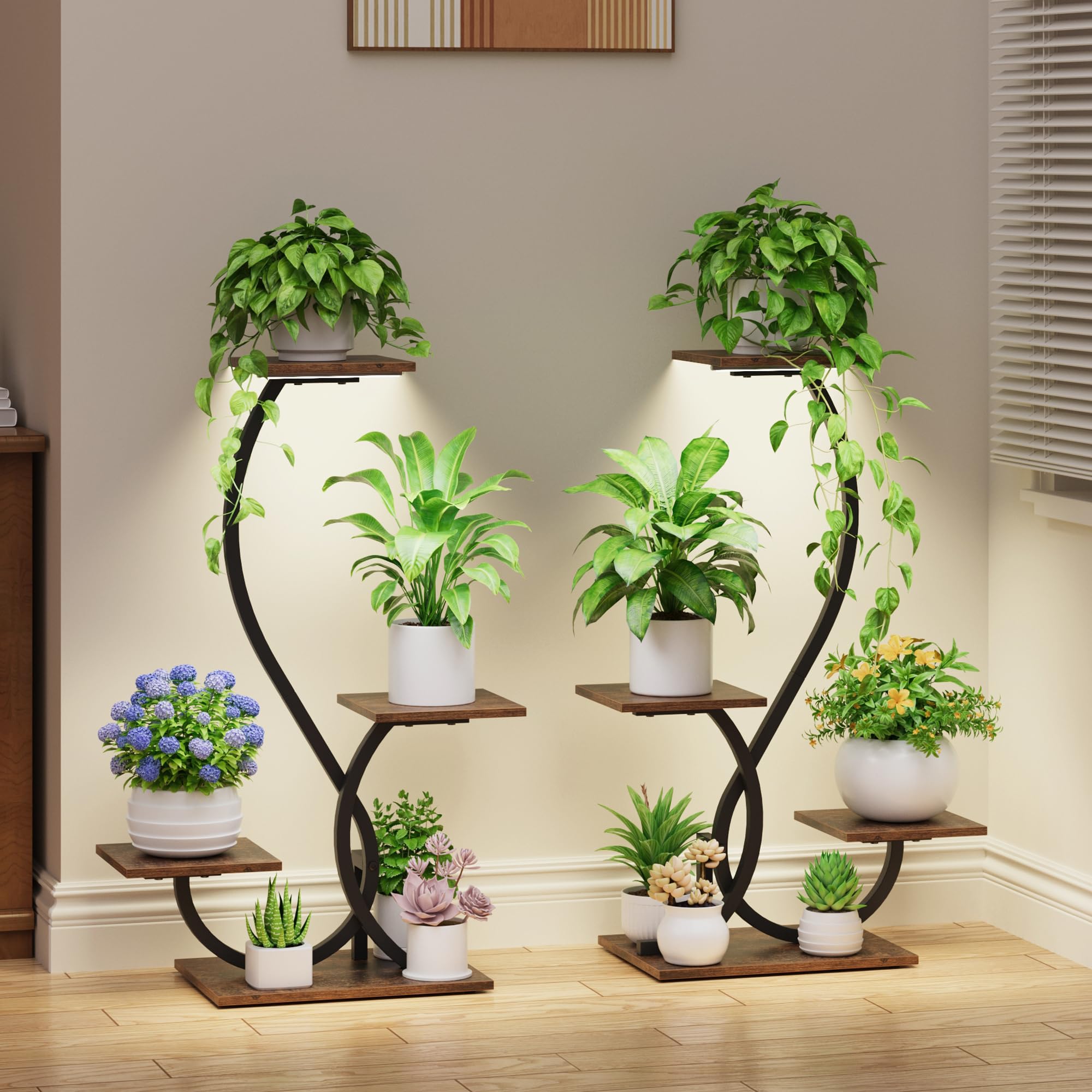 BACEKOLL Plant Stand Indoor with Grow Lights - S-Shaped Plant Shelf, Lighted Corner Plant Stands for Indoor Growing, 32" Metal Flower Holder, 4 Tiered Decorative Shelves for Home, Hallway, Black