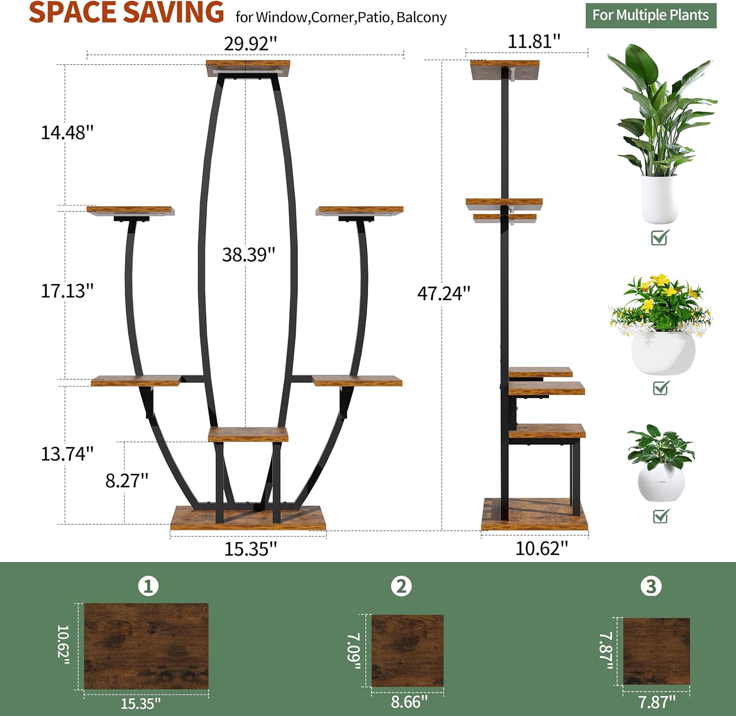 JUSTOGO Plant Stand Indoor with Grow Lights - 7 Tiered Large Plant Shelf Indoor, 47" Corner Plant Stands for Indoor Plants Multiple, Metal Plant Rack Flower Holder Display for Living Room, Home Decor