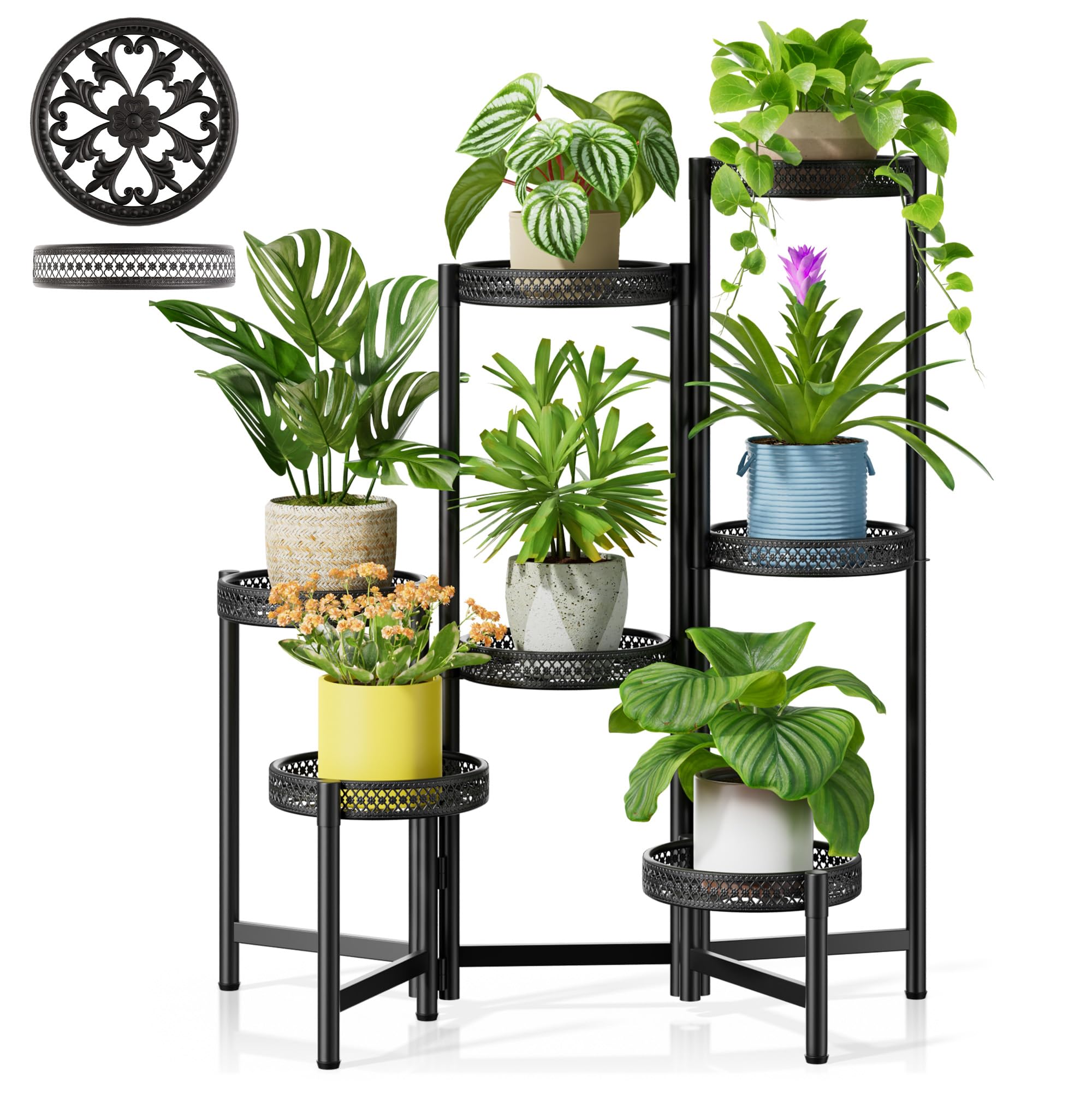 3 Tier Large Plant Stand Indoor with 7.9 Inch Wide Tray, Tiered Corner Metal Outdoor Flower Holder Stand, Folding Tall Rack for Display Shelf for Patio Porch Balcony - BlackDisk
