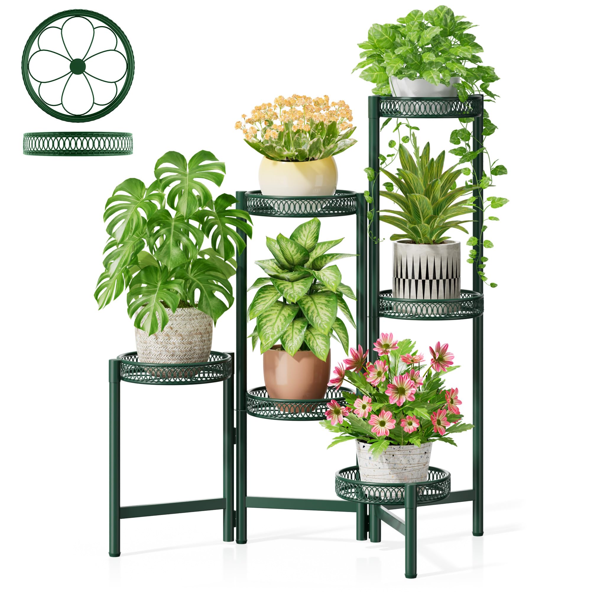 3 Tier Large Plant Stand Indoor with 7.9 Inch Wide Tray, Tiered Corner Metal Outdoor Flower Holder Stand, Folding Tall Rack for Display Shelf for Patio Porch Balcony - BlackDisk