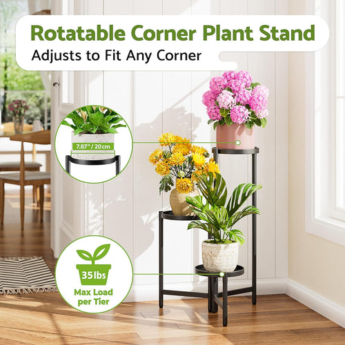 3 Tier Large Plant Stand Indoor with 7.9 Inch Wide Tray, Tiered Corner Metal Outdoor Flower Holder Stand, Folding Tall Rack for Display Shelf for Patio Porch Balcony - BlackDisk