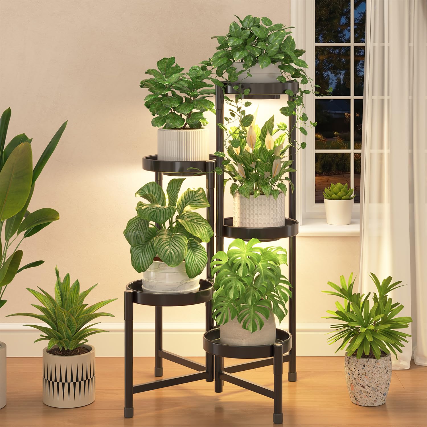 iDavosic.ly Plant Stand Indoor Outdoor, 5 Tier Corner Metal Flower Display Holder Shelf, Folding Tall Orchid Rack for Patio Balcony Porch Garden Living Room House, Gold