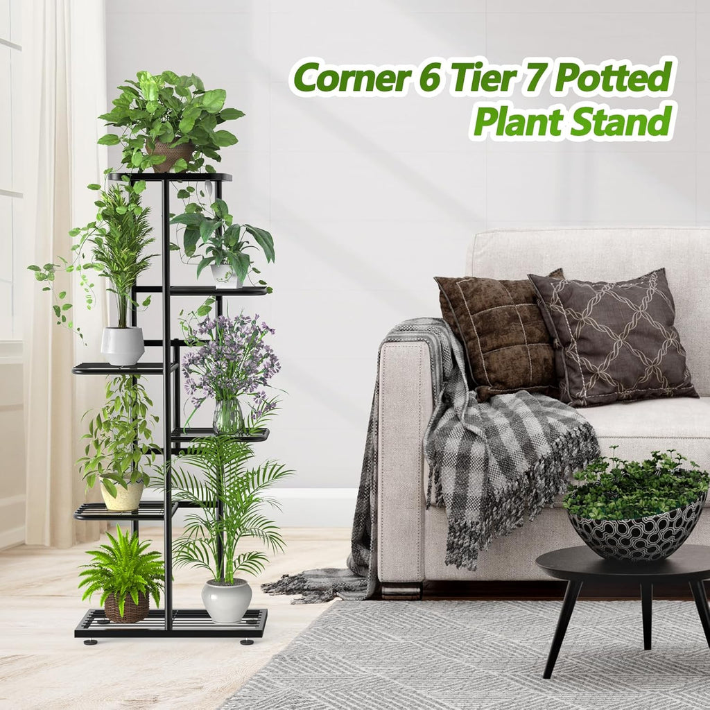 6 Tier 7 Potted Metal Plant Stand Indoor with Gardening Tools and Gloves, Corner Tall Tiered Plant Shelf Organizer Outdoor for Multiple Plants, Flower Pot Holder Display Rack for Patio, Garden