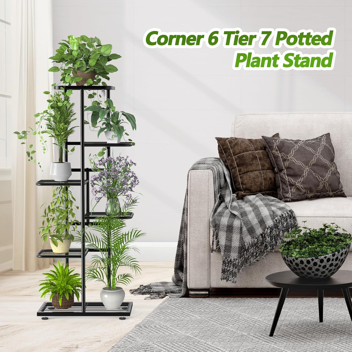 6 Tier 7 Potted Metal Plant Stand Indoor with Gardening Tools and Gloves, Corner Tall Tiered Plant Shelf Organizer Outdoor for Multiple Plants, Flower Pot Holder Display Rack for Patio, Garden