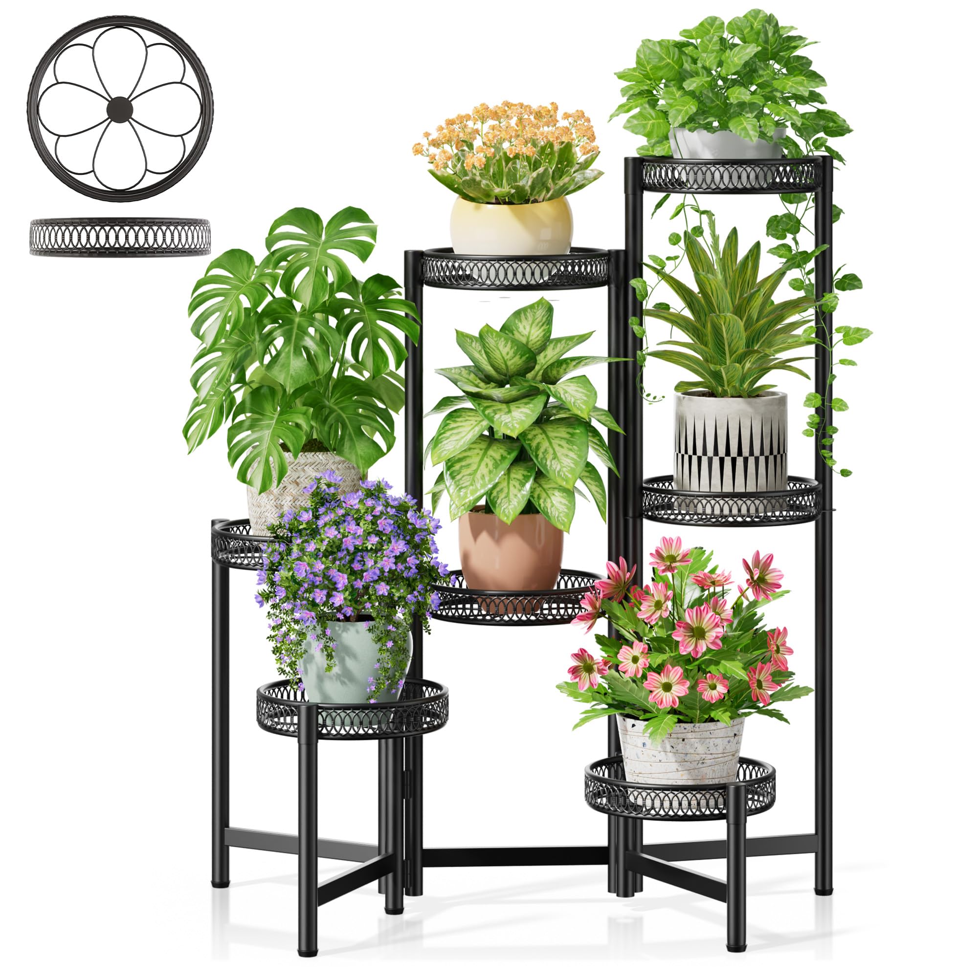 3 Tier Large Plant Stand Indoor with 7.9 Inch Wide Tray, Tiered Corner Metal Outdoor Flower Holder Stand, Folding Tall Rack for Display Shelf for Patio Porch Balcony - BlackDisk