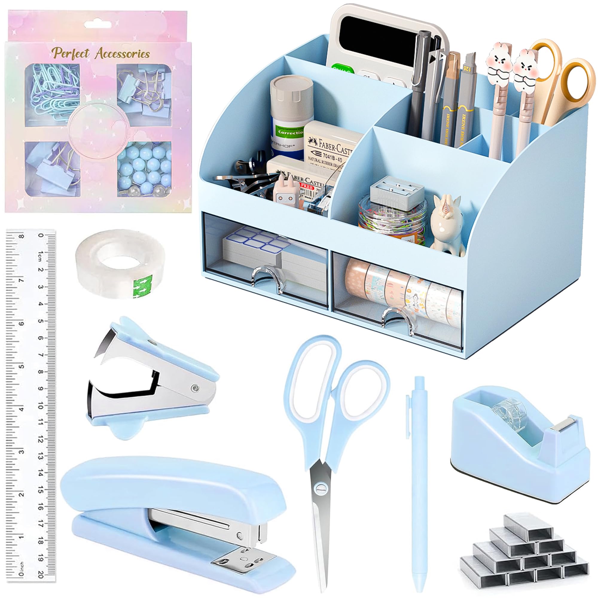 Desk Accessories with Pen Holder, Office Supplies Desk Organizers and Accessories, Tape Dispenser, Stapler, Staple Remover, Staples, Clips Set, Ruler, Scissor, Pen, Tape (White)