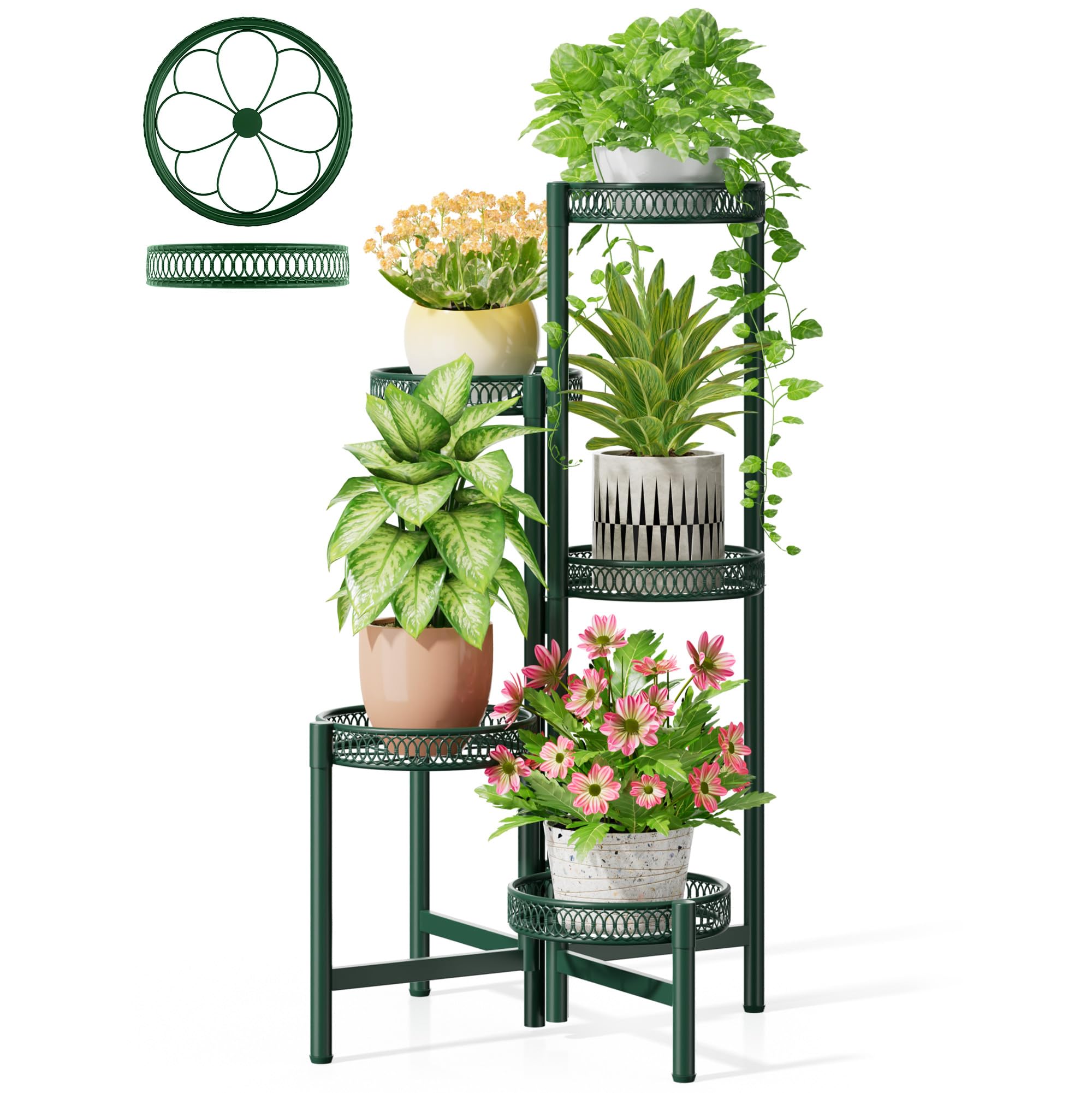 3 Tier Large Plant Stand Indoor with 7.9 Inch Wide Tray, Tiered Corner Metal Outdoor Flower Holder Stand, Folding Tall Rack for Display Shelf for Patio Porch Balcony - BlackDisk