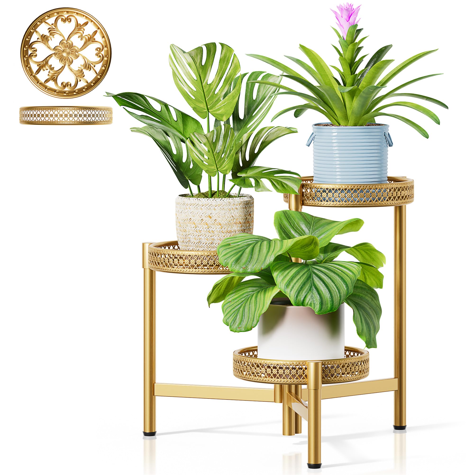 3 Tier Large Plant Stand Indoor with 7.9 Inch Wide Tray, Tiered Corner Metal Outdoor Flower Holder Stand, Folding Tall Rack for Display Shelf for Patio Porch Balcony - BlackDisk