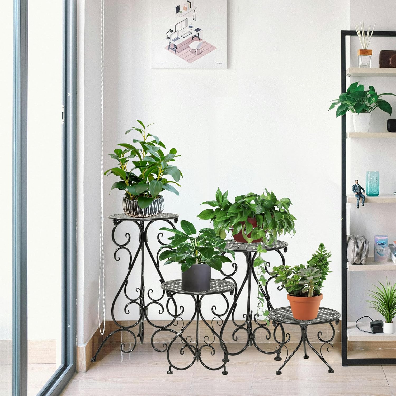 NAKUPE 4-Pack Metal Plant Stand for Indoor Outdoor, Heavy Duty Flower Pot Stands for Multiple Plants, Rustproof Iron Planter Holder Display Shelf for Patio Home Garden Porch Balcony(Black)