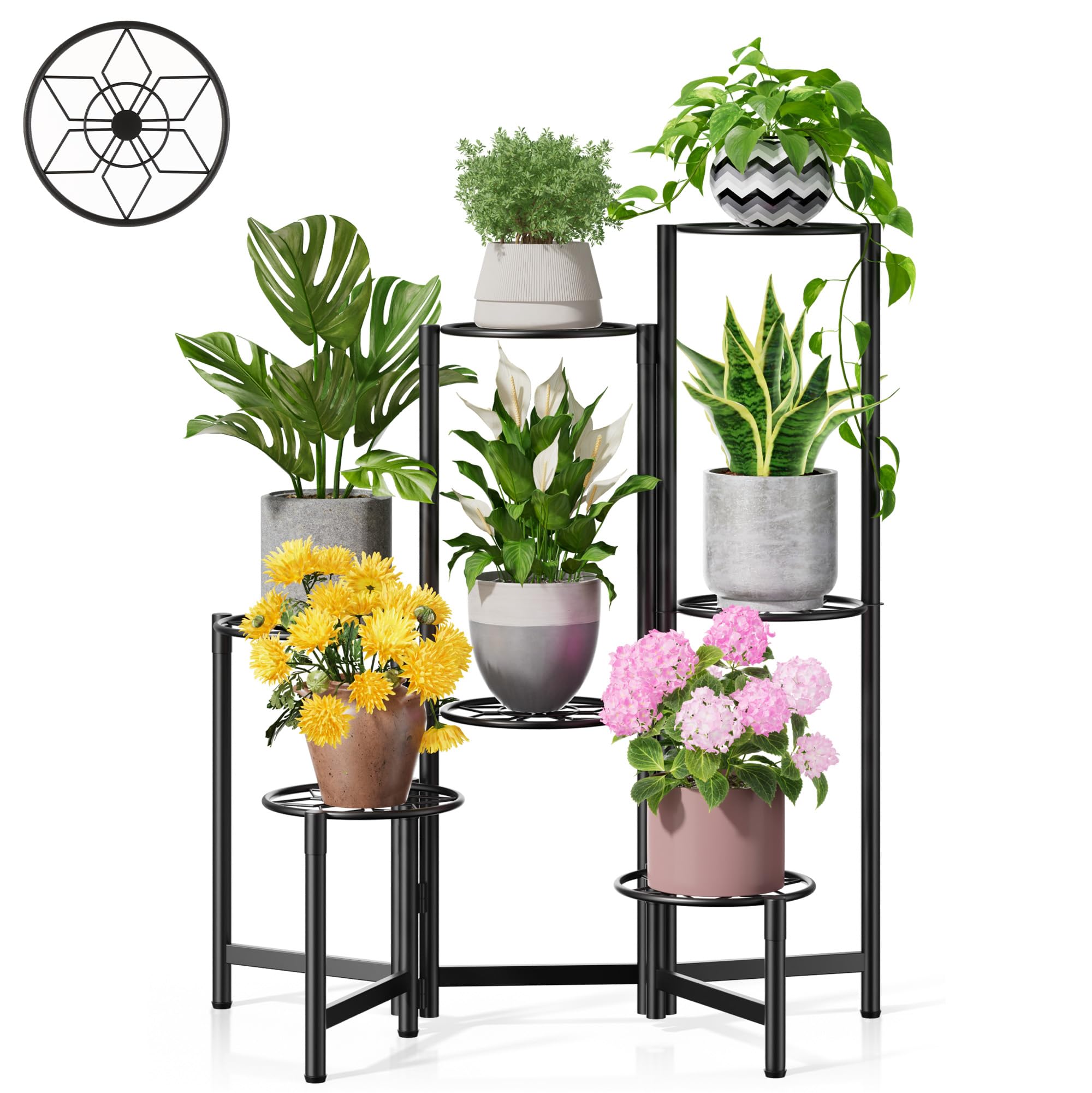 3 Tier Large Plant Stand Indoor with 7.9 Inch Wide Tray, Tiered Corner Metal Outdoor Flower Holder Stand, Folding Tall Rack for Display Shelf for Patio Porch Balcony - BlackDisk
