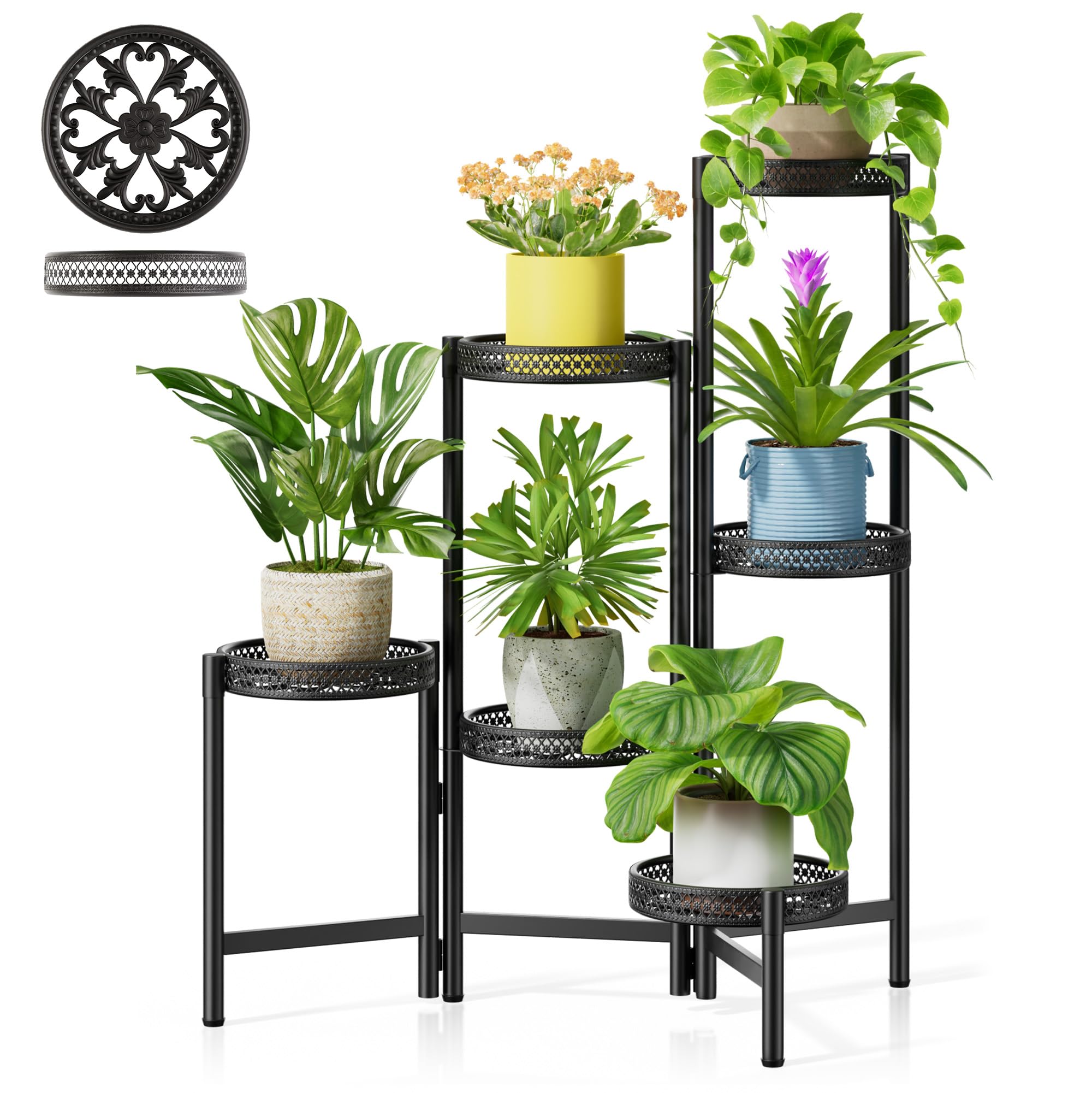 3 Tier Large Plant Stand Indoor with 7.9 Inch Wide Tray, Tiered Corner Metal Outdoor Flower Holder Stand, Folding Tall Rack for Display Shelf for Patio Porch Balcony - BlackDisk