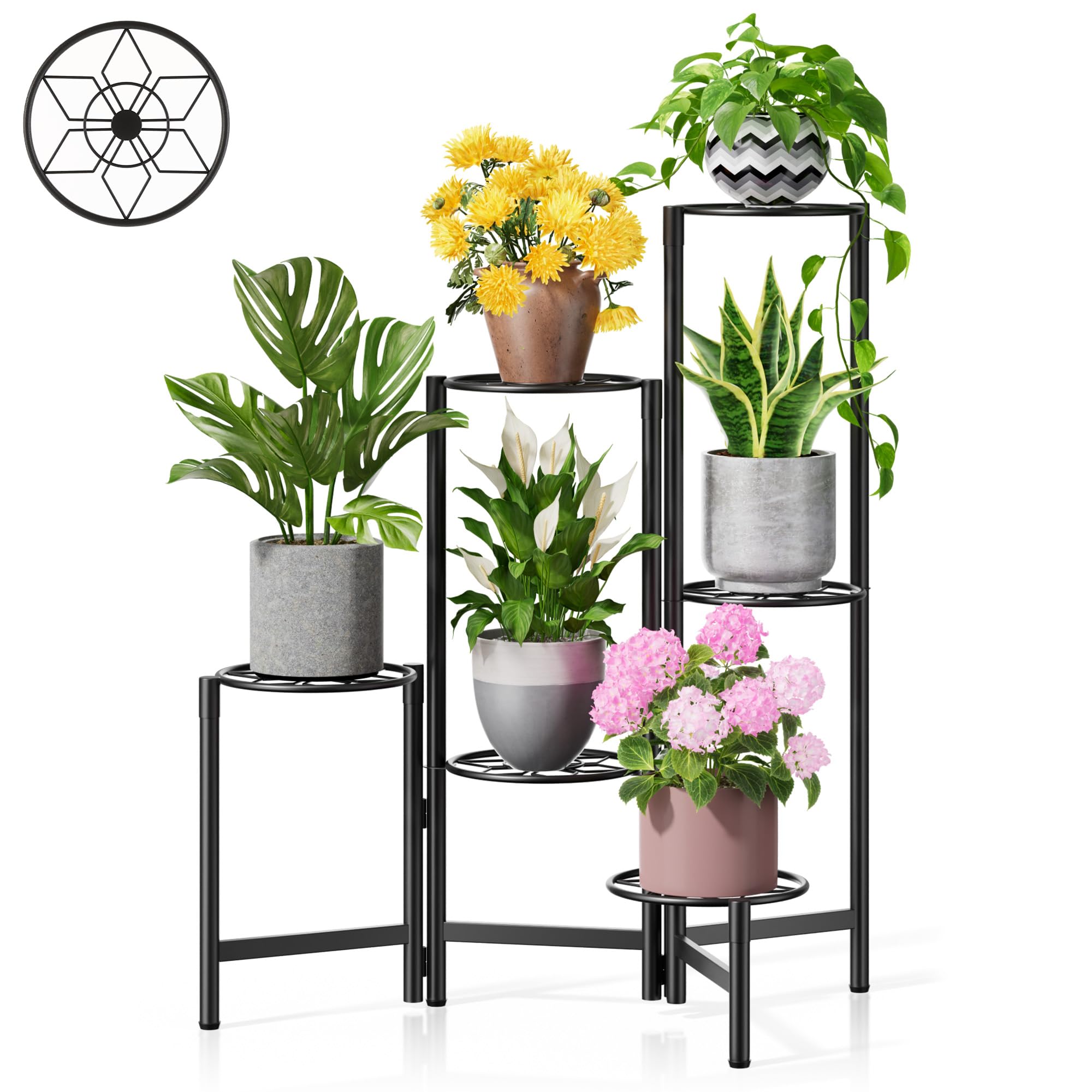 3 Tier Large Plant Stand Indoor with 7.9 Inch Wide Tray, Tiered Corner Metal Outdoor Flower Holder Stand, Folding Tall Rack for Display Shelf for Patio Porch Balcony - BlackDisk
