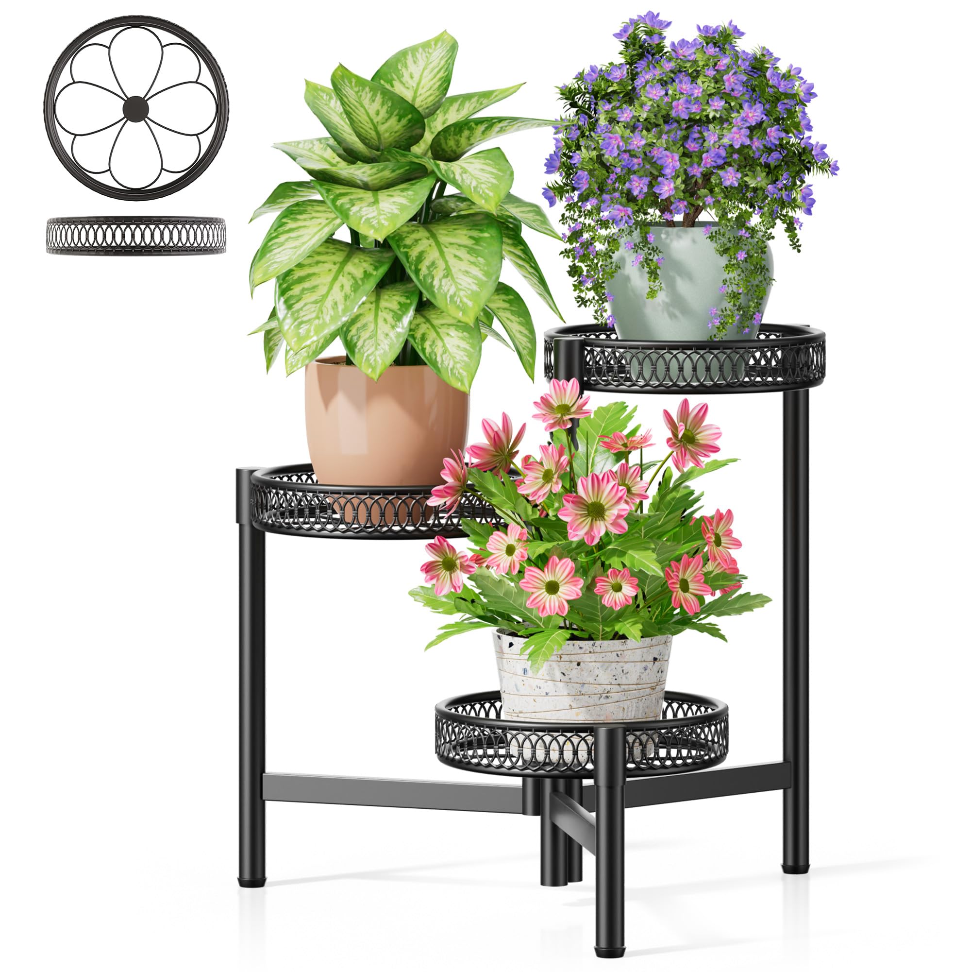 3 Tier Large Plant Stand Indoor with 7.9 Inch Wide Tray, Tiered Corner Metal Outdoor Flower Holder Stand, Folding Tall Rack for Display Shelf for Patio Porch Balcony - BlackDisk