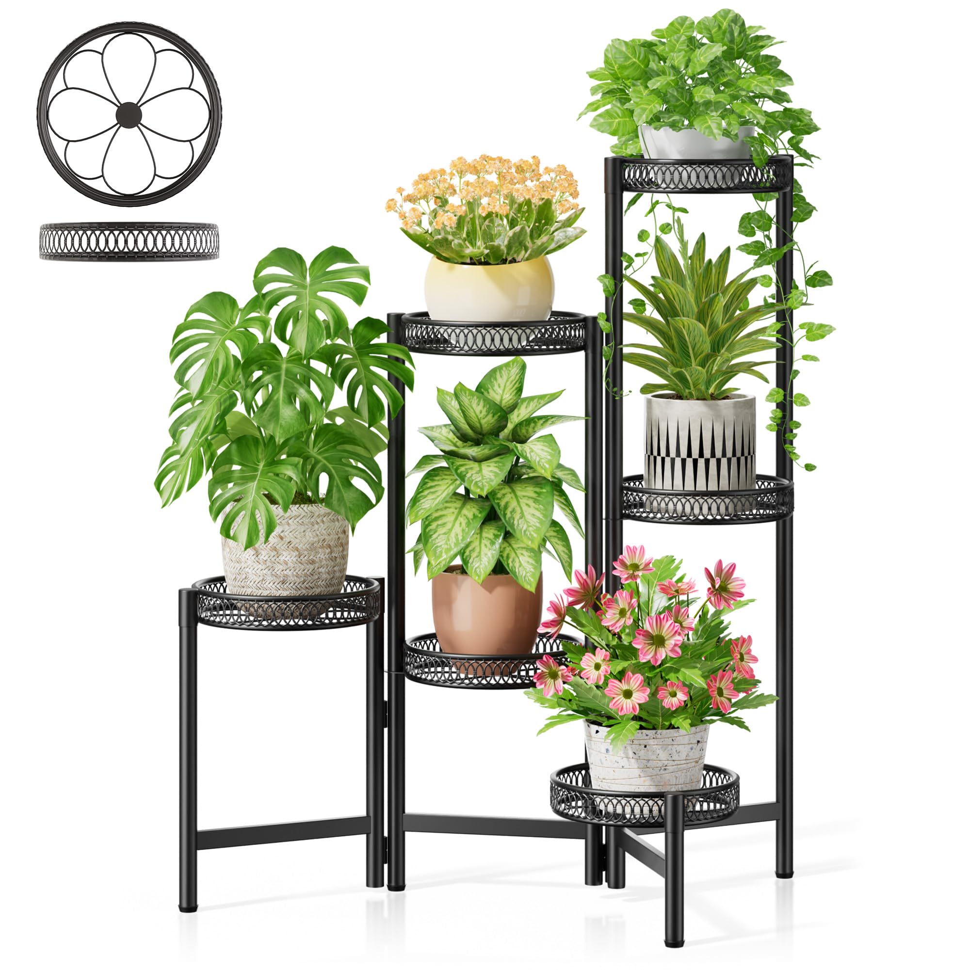 3 Tier Large Plant Stand Indoor with 7.9 Inch Wide Tray, Tiered Corner Metal Outdoor Flower Holder Stand, Folding Tall Rack for Display Shelf for Patio Porch Balcony - BlackDisk