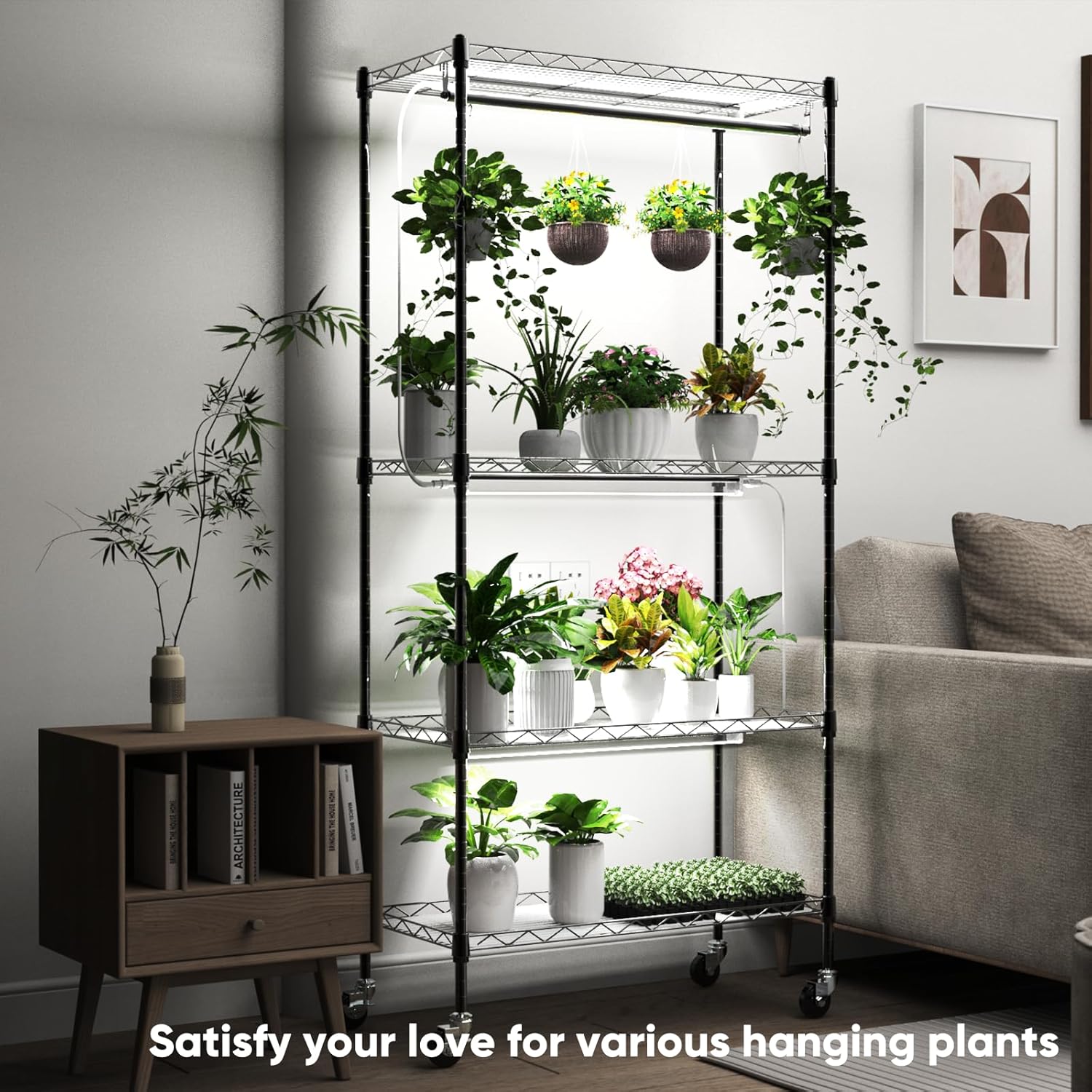 Plant Shelf with Grow Light, 4-Tier Metal Grow Light Shelf with Hanging Rod and Adjustable Rack,3-Pack 6000K T12 LED Full Spectrum Grow Lights for Seed Starting, Succulents, Built-in Timer