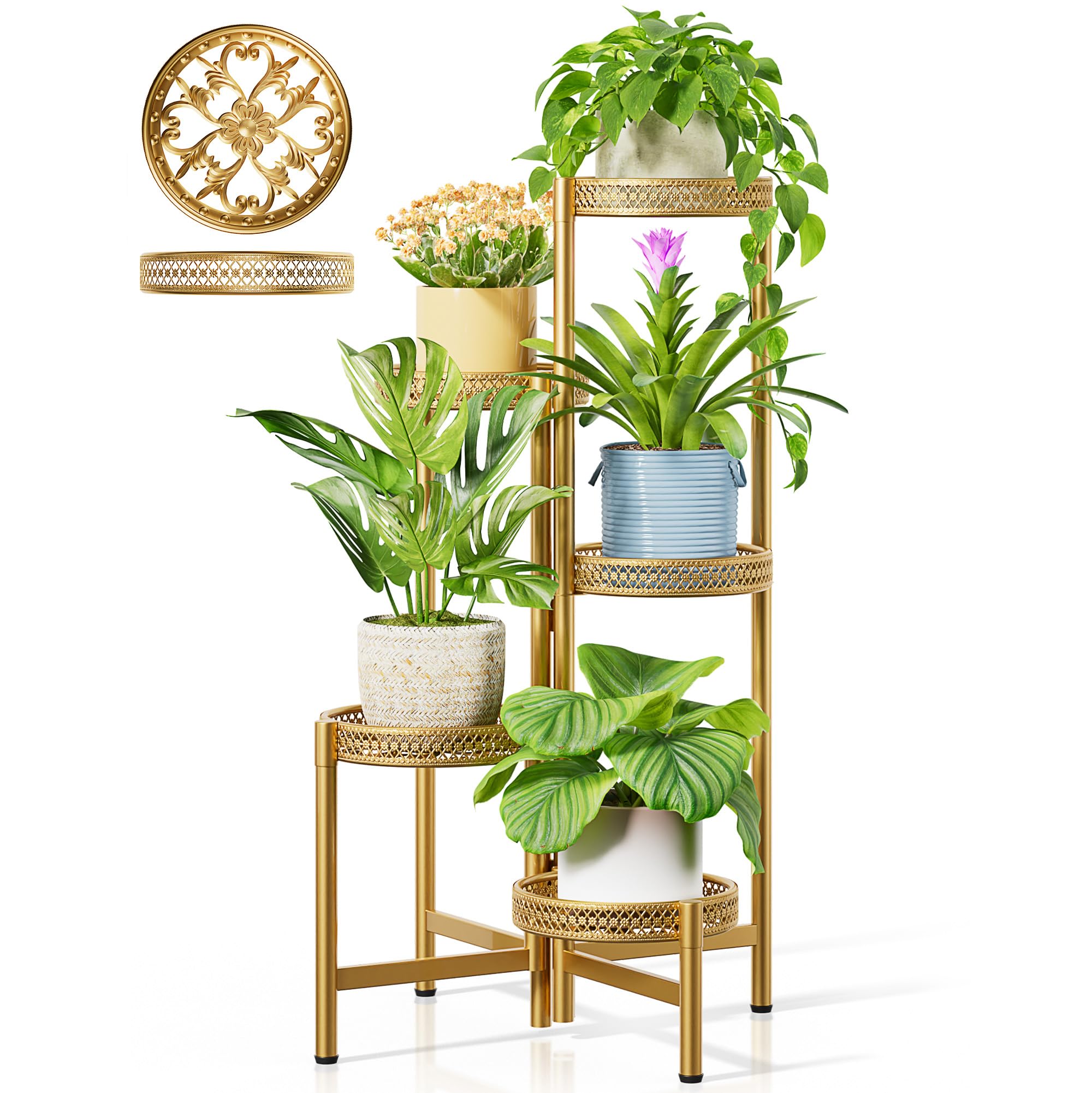 3 Tier Large Plant Stand Indoor with 7.9 Inch Wide Tray, Tiered Corner Metal Outdoor Flower Holder Stand, Folding Tall Rack for Display Shelf for Patio Porch Balcony - BlackDisk