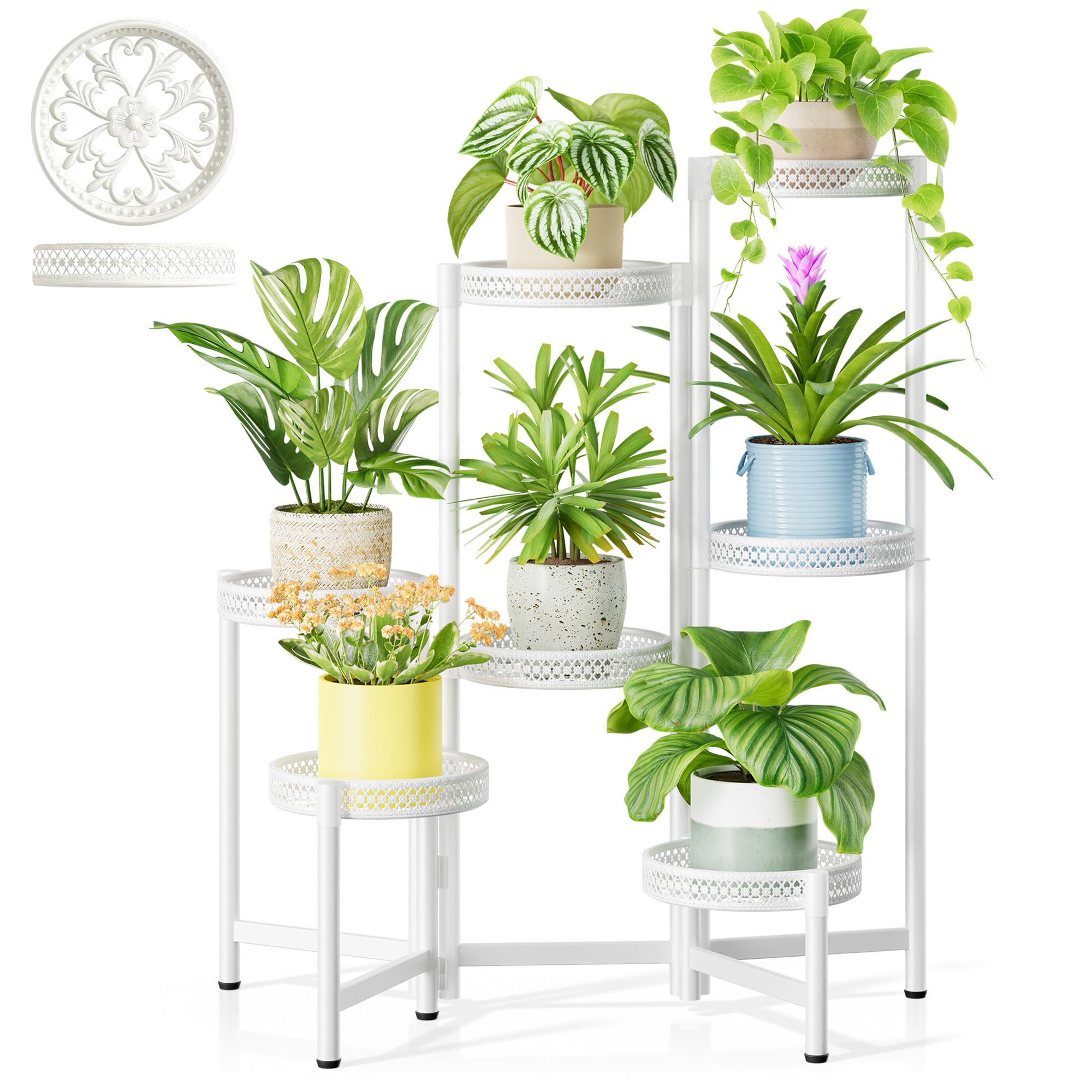 3 Tier Large Plant Stand Indoor with 7.9 Inch Wide Tray, Tiered Corner Metal Outdoor Flower Holder Stand, Folding Tall Rack for Display Shelf for Patio Porch Balcony - BlackDisk